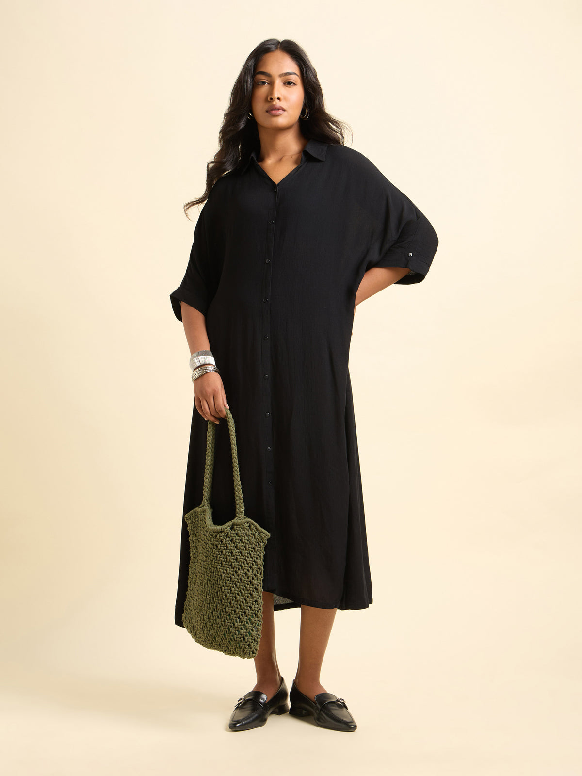 Black Wrinkle Viscose Plain Shirt Dress