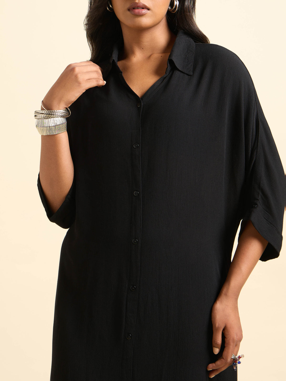 Black Wrinkle Viscose Plain Shirt Dress