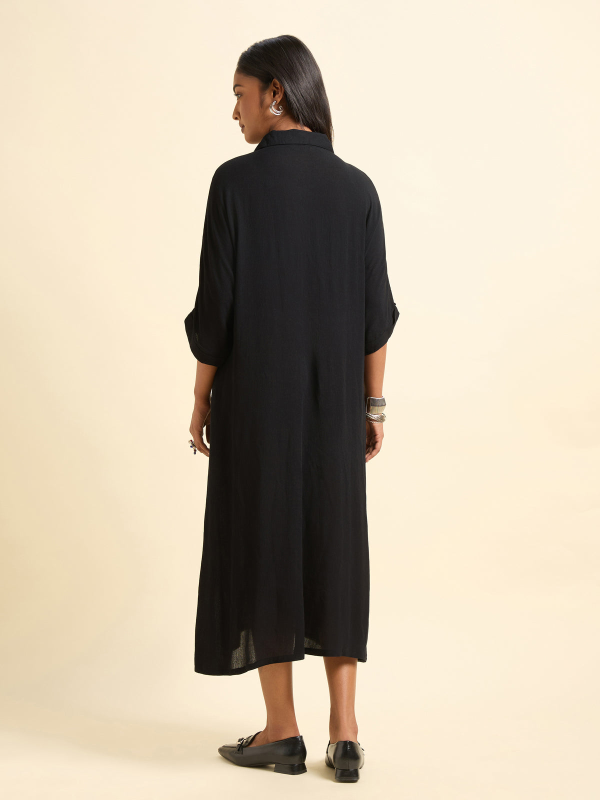 Black Wrinkle Viscose Plain Shirt Dress
