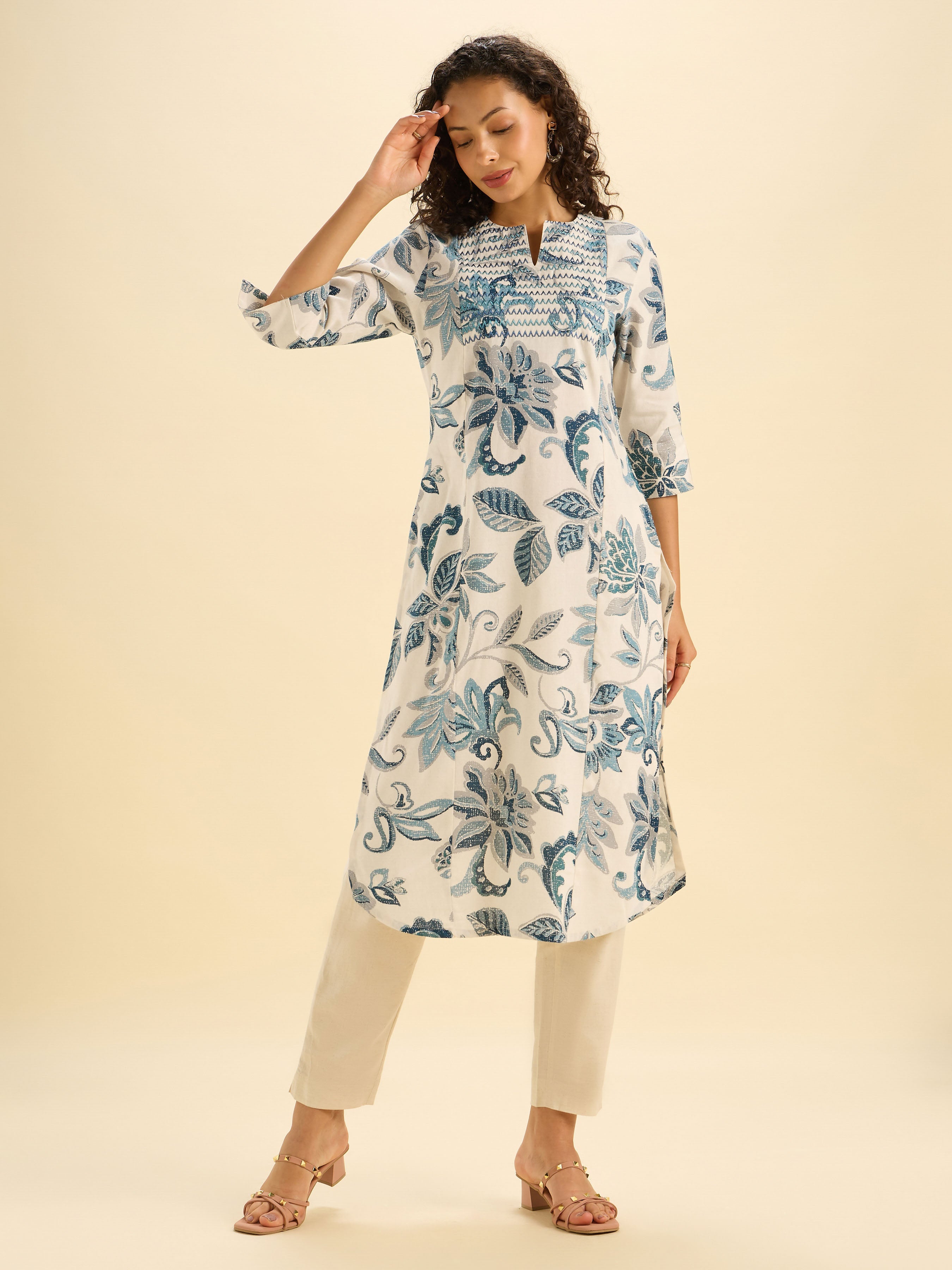 Ivory And Blue Cotton Flax Printed Sltited Kurti With Embroidery