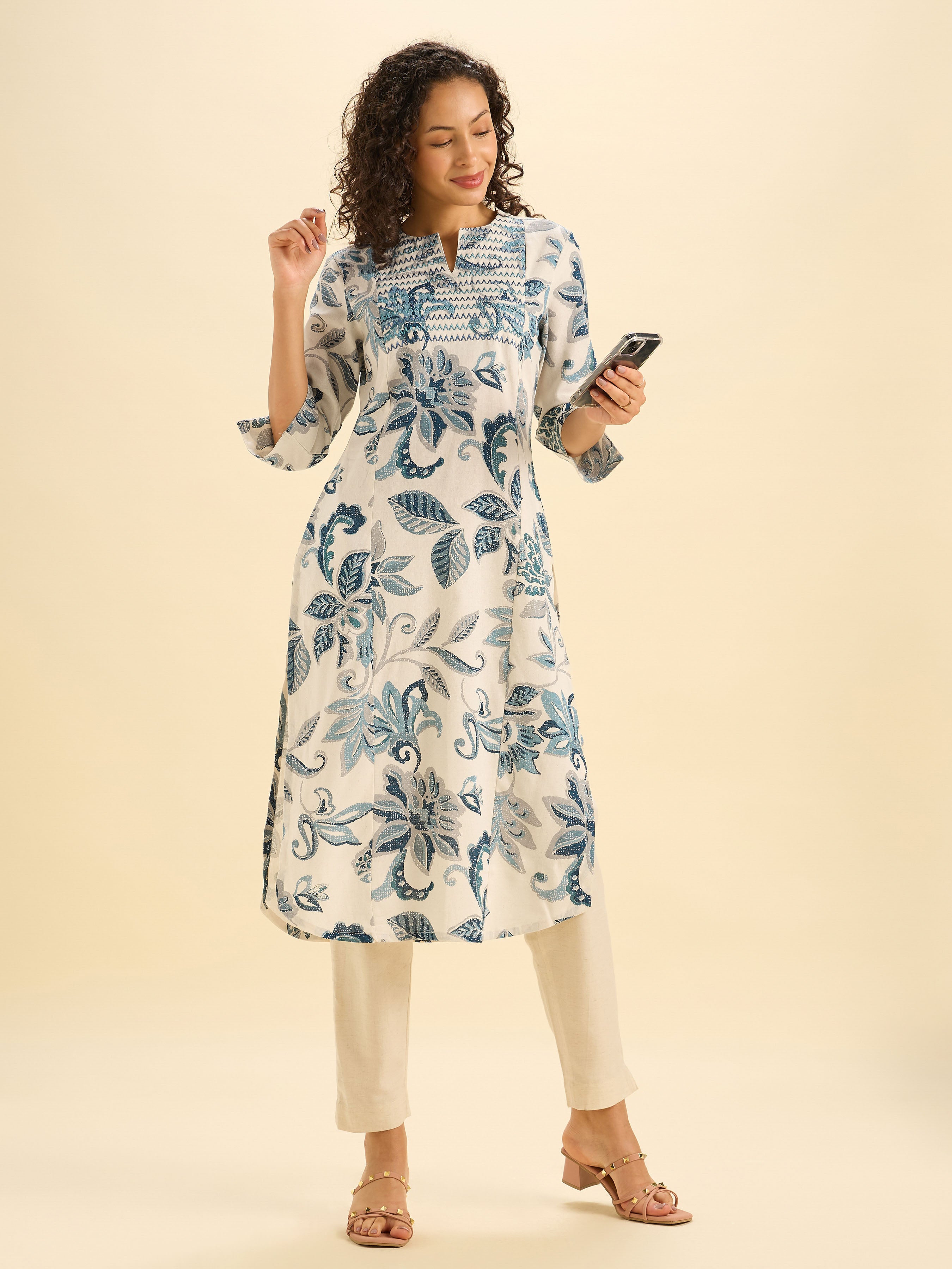 Ivory And Blue Cotton Flax Printed Sltited Kurti With Embroidery