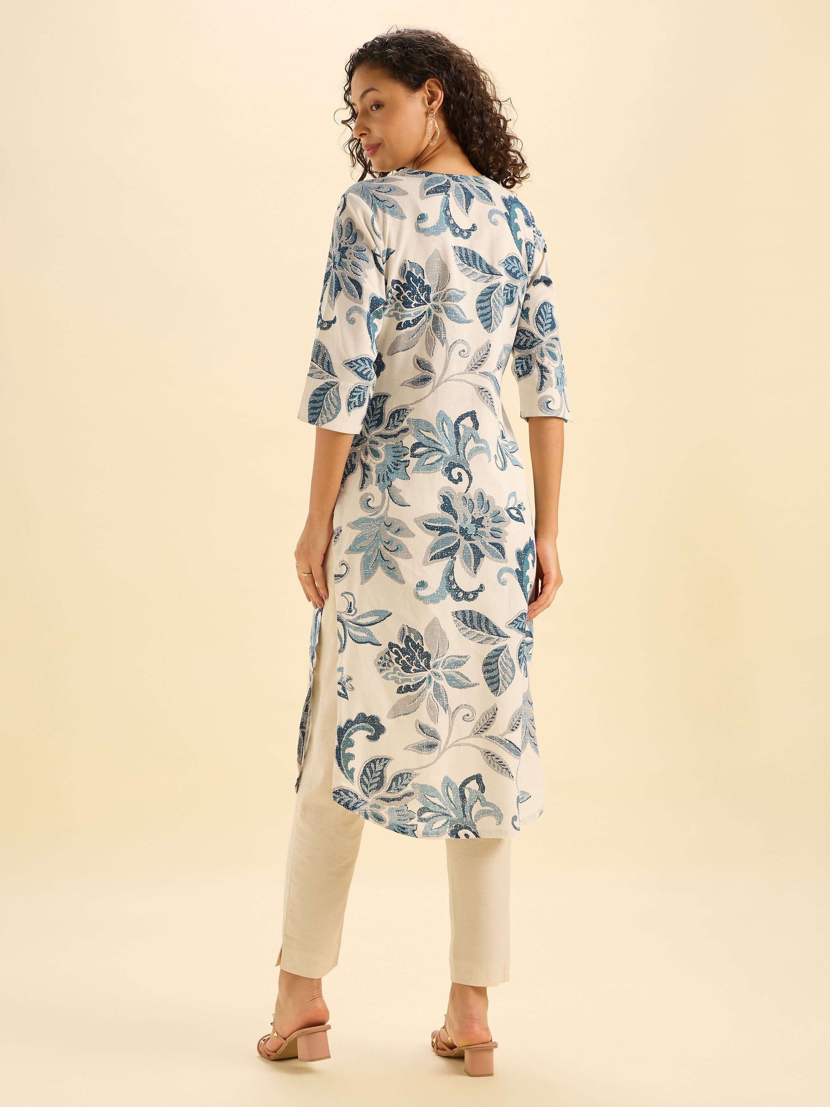 Ivory And Blue Cotton Flax Printed Sltited Kurti With Embroidery