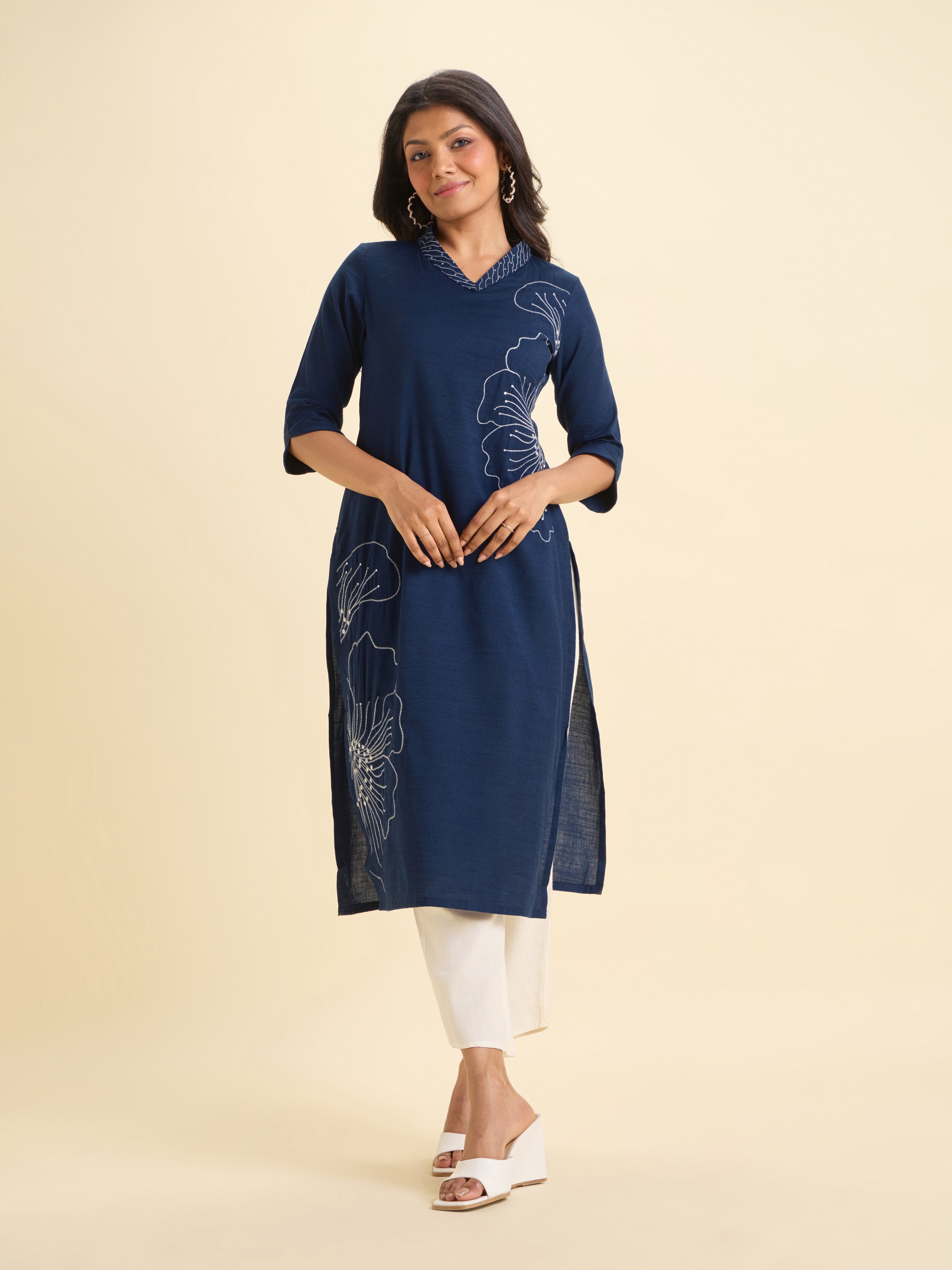 Blue Cotton Viscose Slub Plain Slitted Kurti With Embroidery And Sequins Work