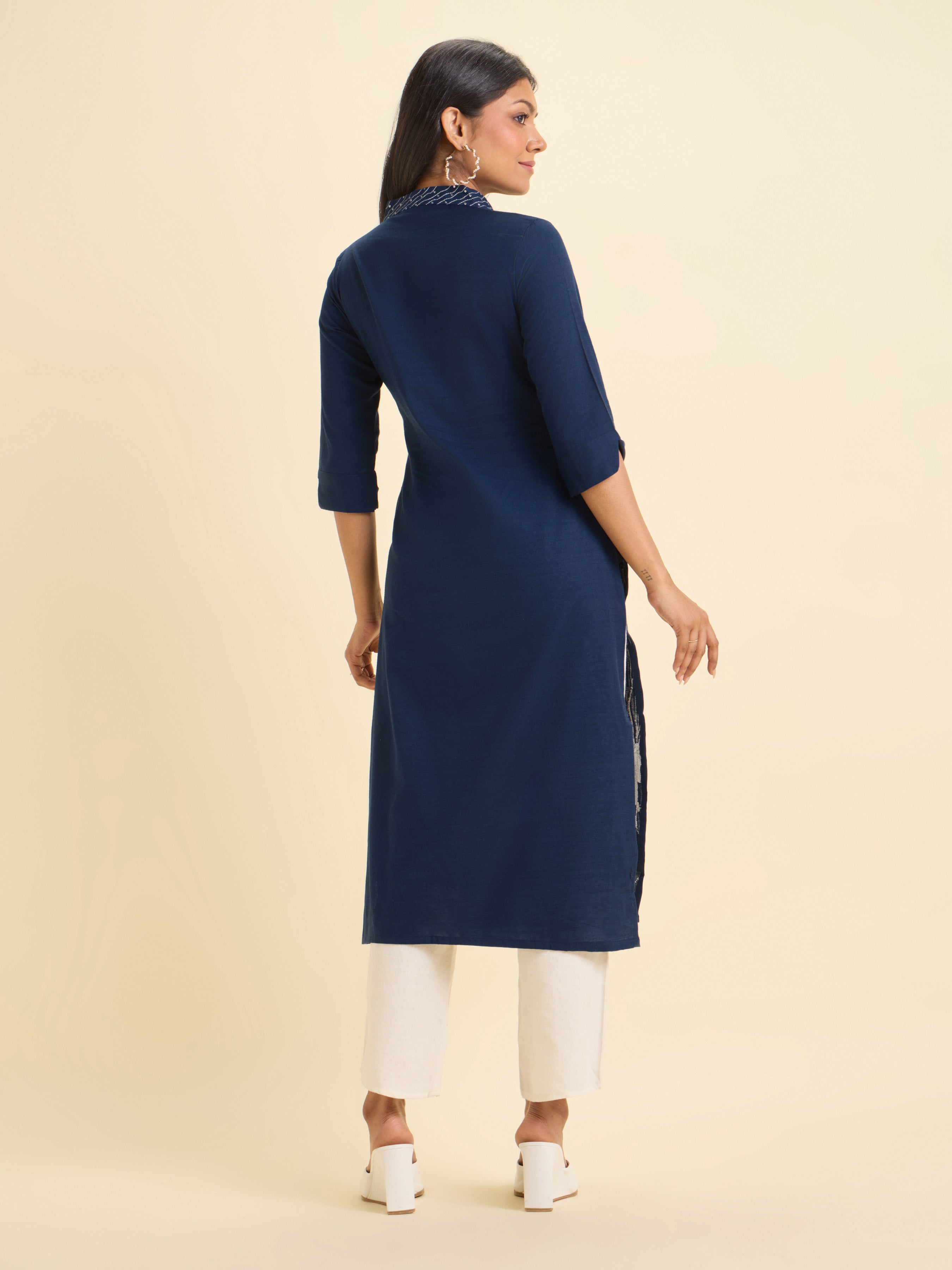 Blue Cotton Viscose Slub Plain Slitted Kurti With Embroidery And Sequins Work