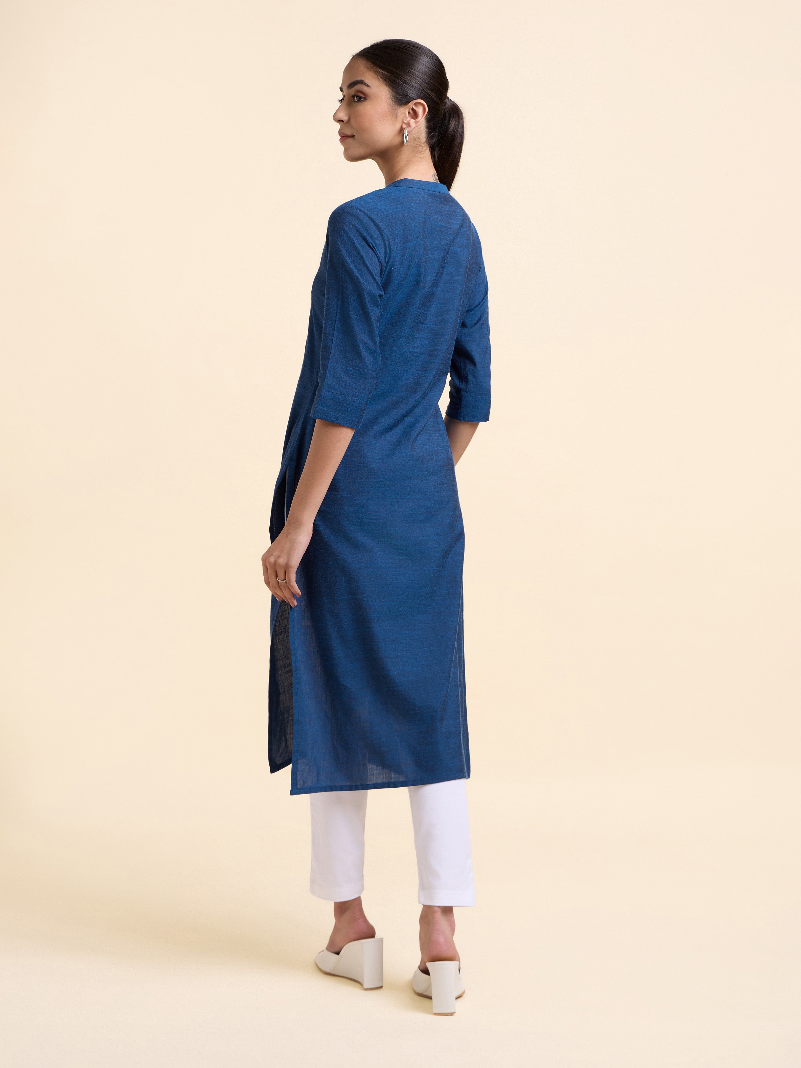Blue Cotton Viscose Slitted Kurti With Placement Print