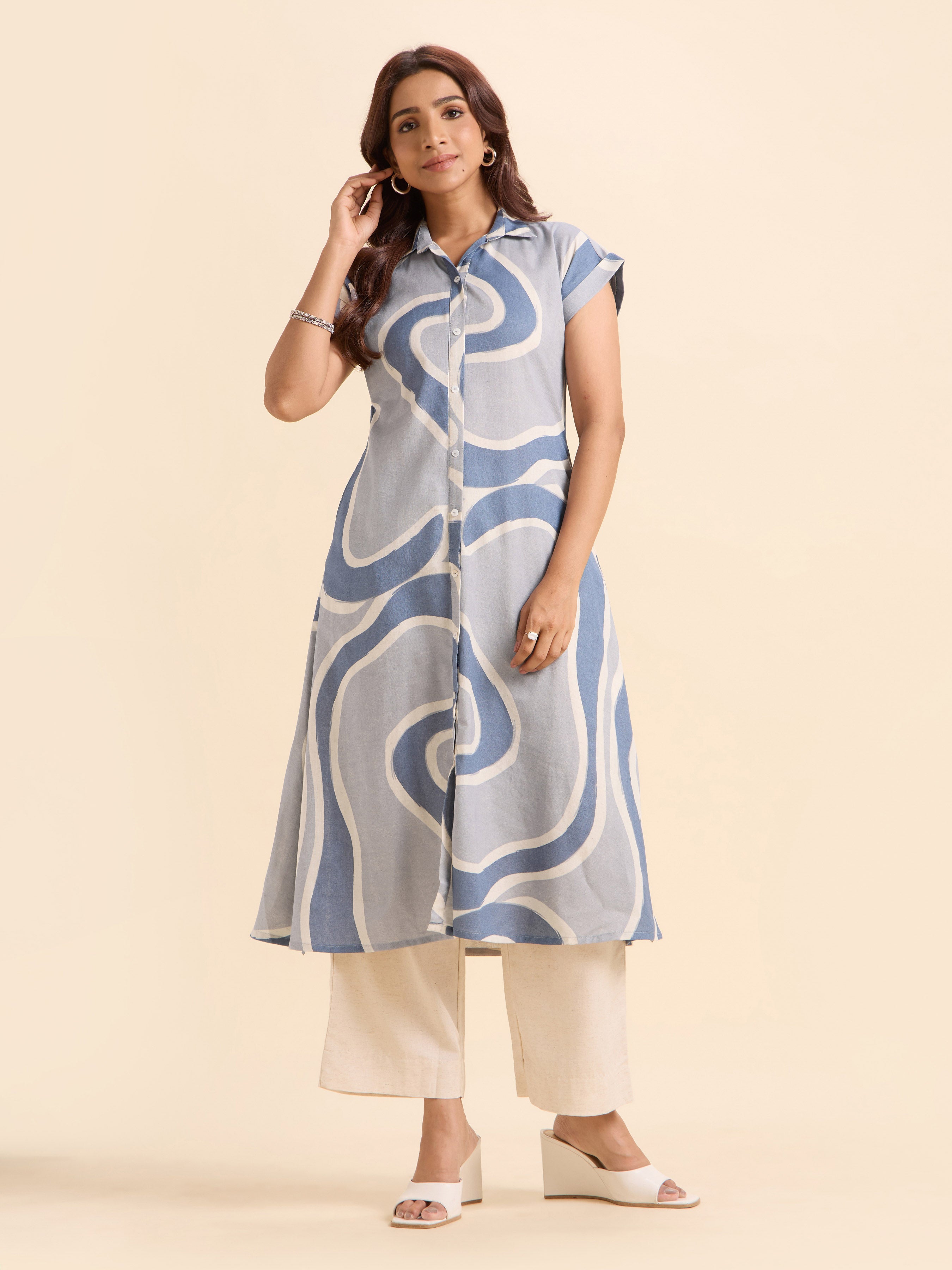 Blue Ivory Cotton Flax Printed Flared Relaxed Fit With Extended Shoulder Sleeve
