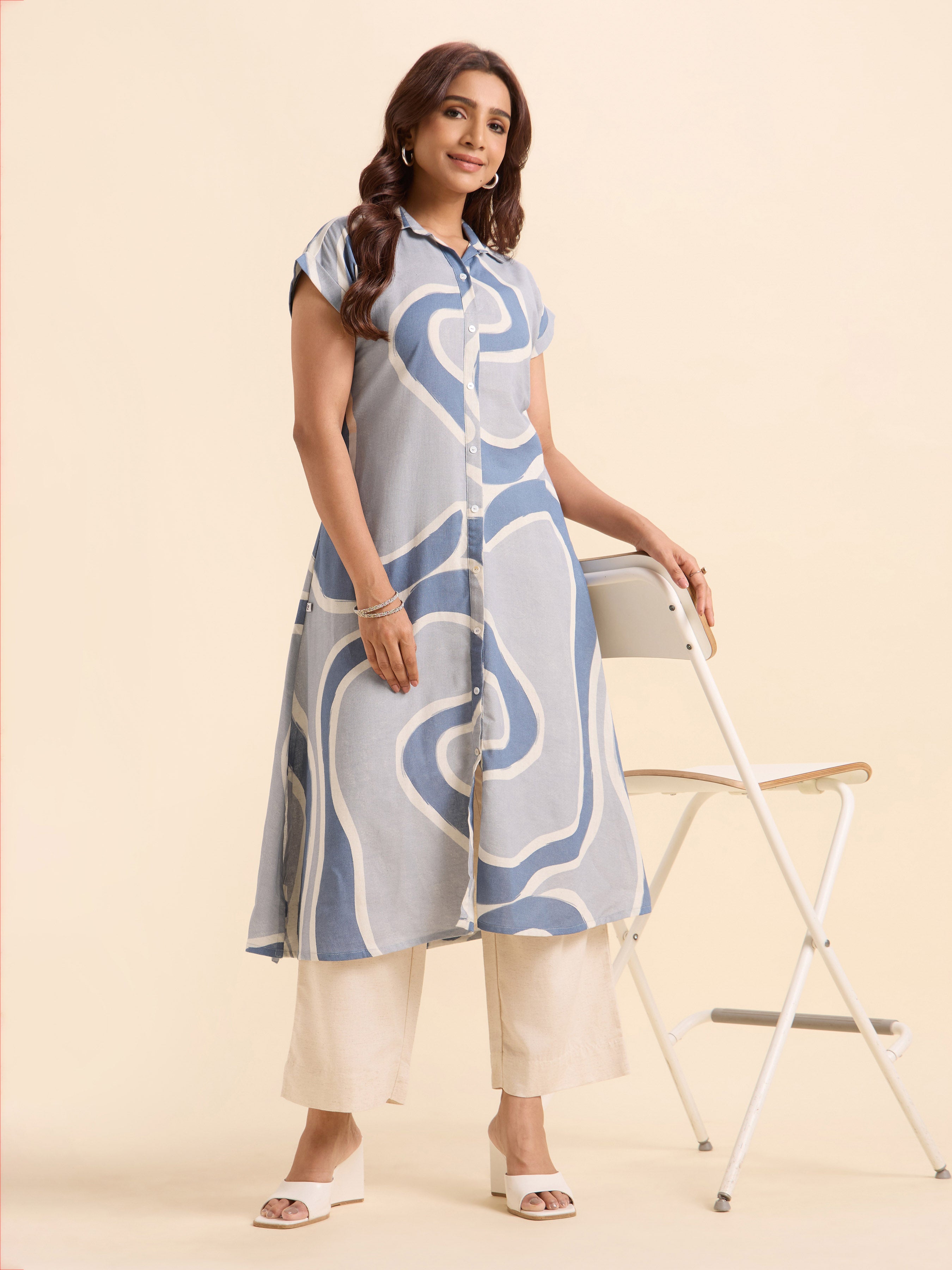 Blue Ivory Cotton Flax Printed Flared Relaxed Fit With Extended Shoulder Sleeve