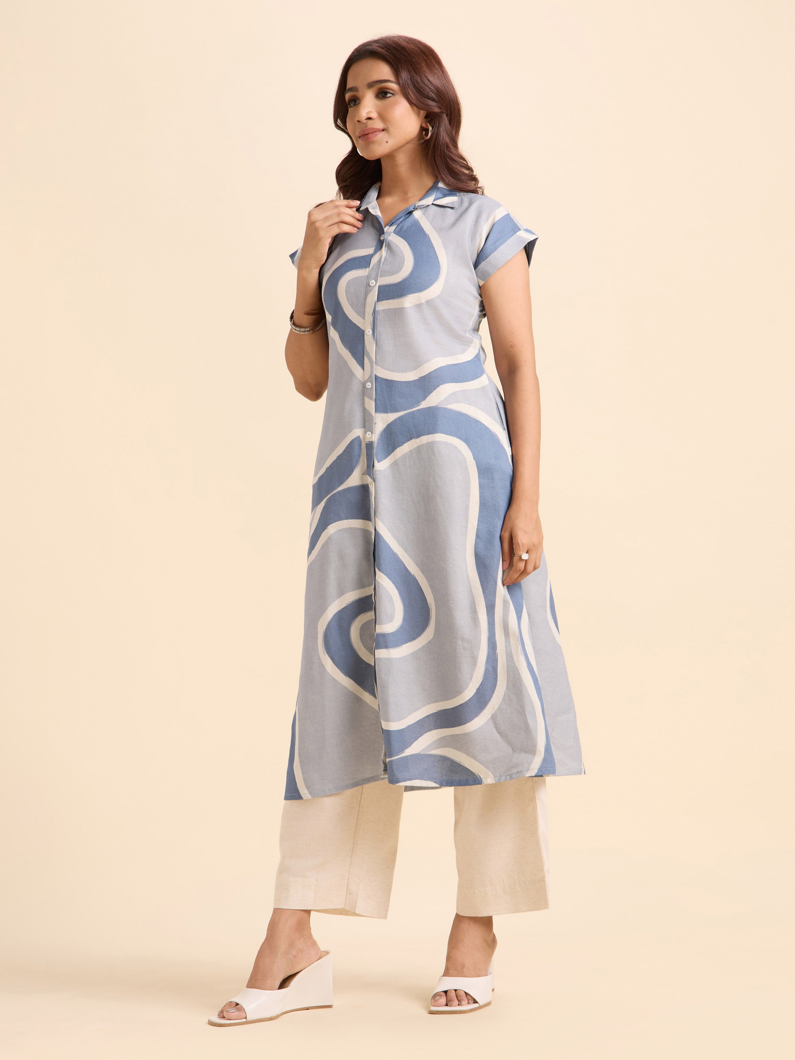 Blue Ivory Cotton Flax Printed Flared Relaxed Fit With Extended Shoulder Sleeve