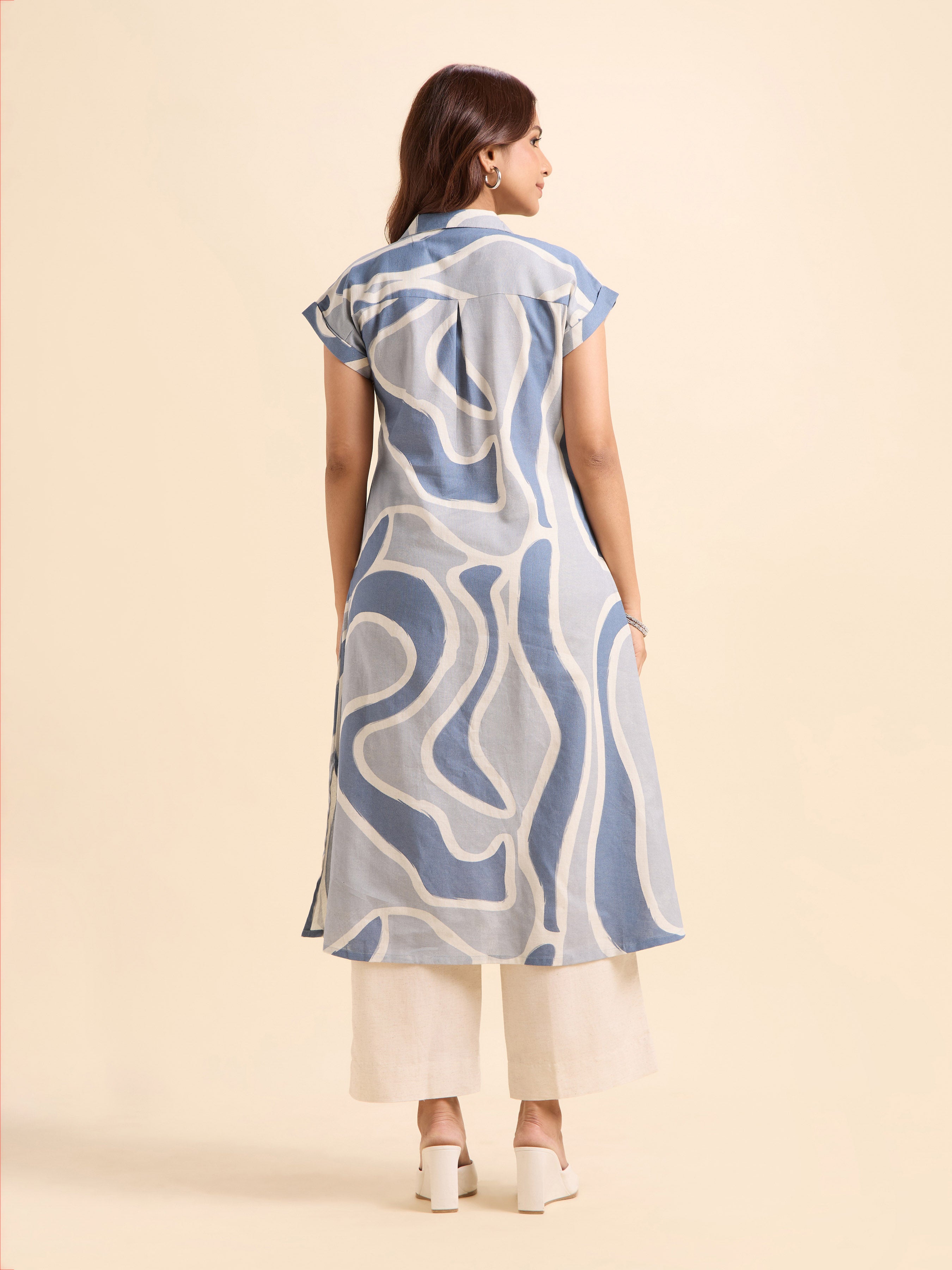 Blue Ivory Cotton Flax Printed Flared Relaxed Fit With Extended Shoulder Sleeve