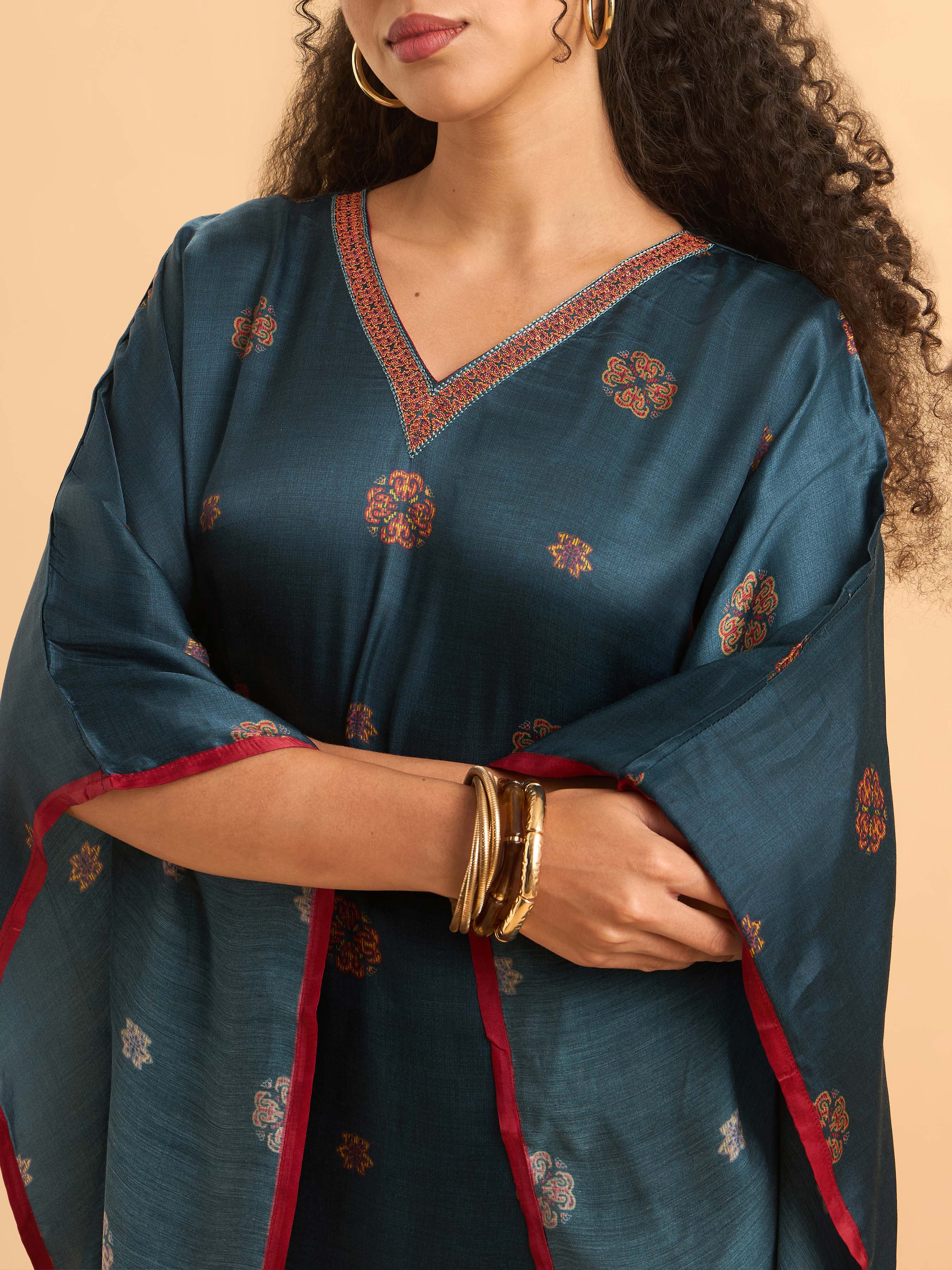 Blue Multi Colour Modal Satin Printed Kaftan With Sequins Embroidery