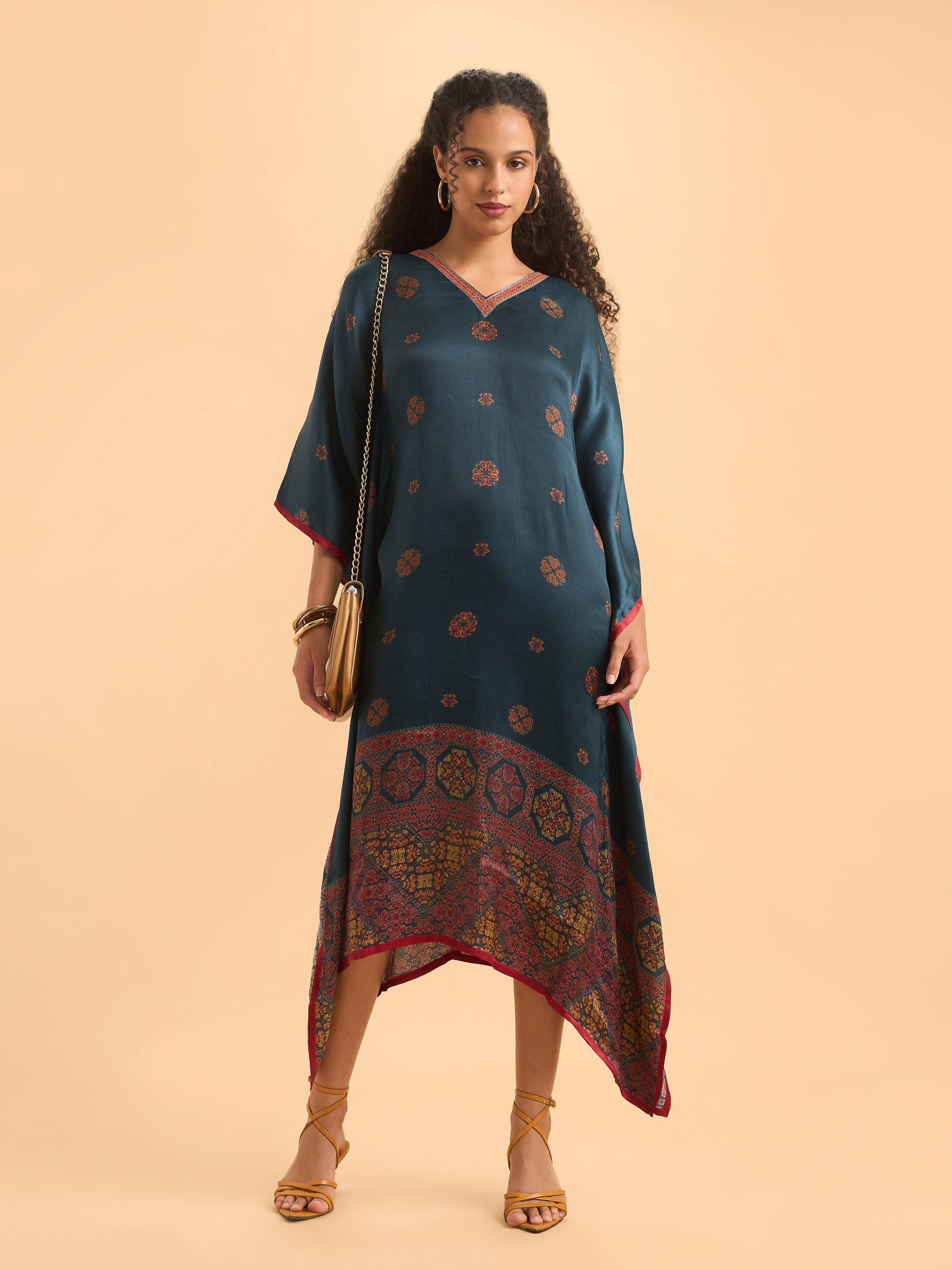 Blue Multi Colour Modal Satin Printed Kaftan With Sequins Embroidery