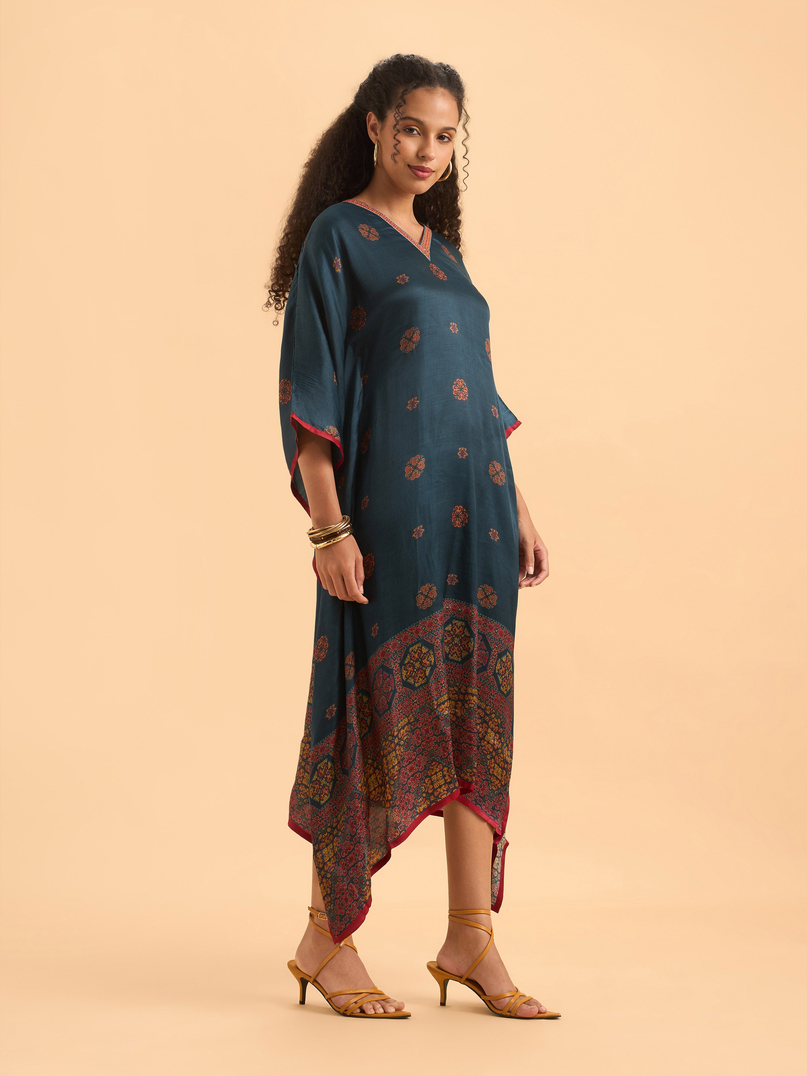 Blue Multi Colour Modal Satin Printed Kaftan With Sequins Embroidery
