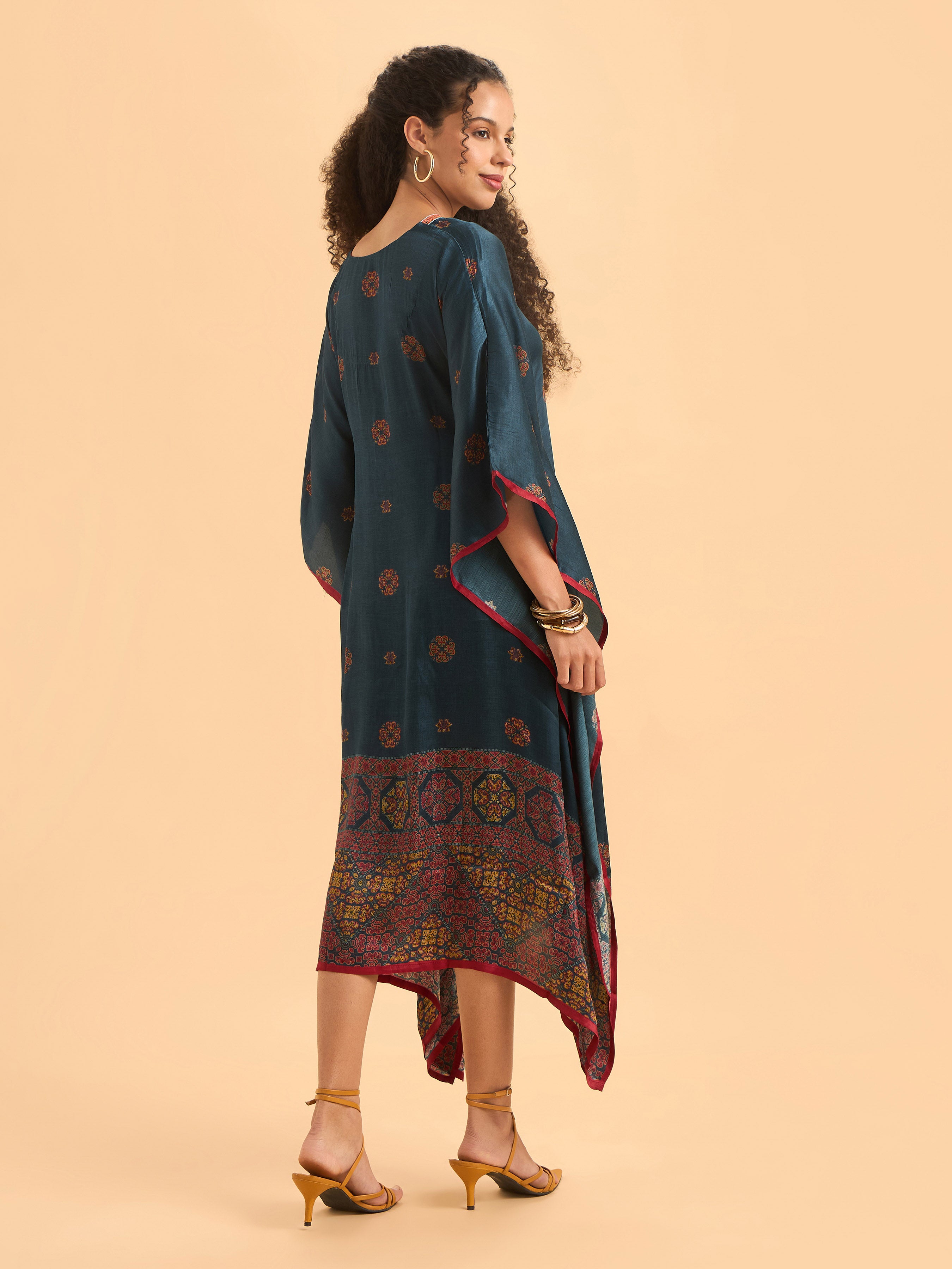 Blue Multi Colour Modal Satin Printed Kaftan With Sequins Embroidery