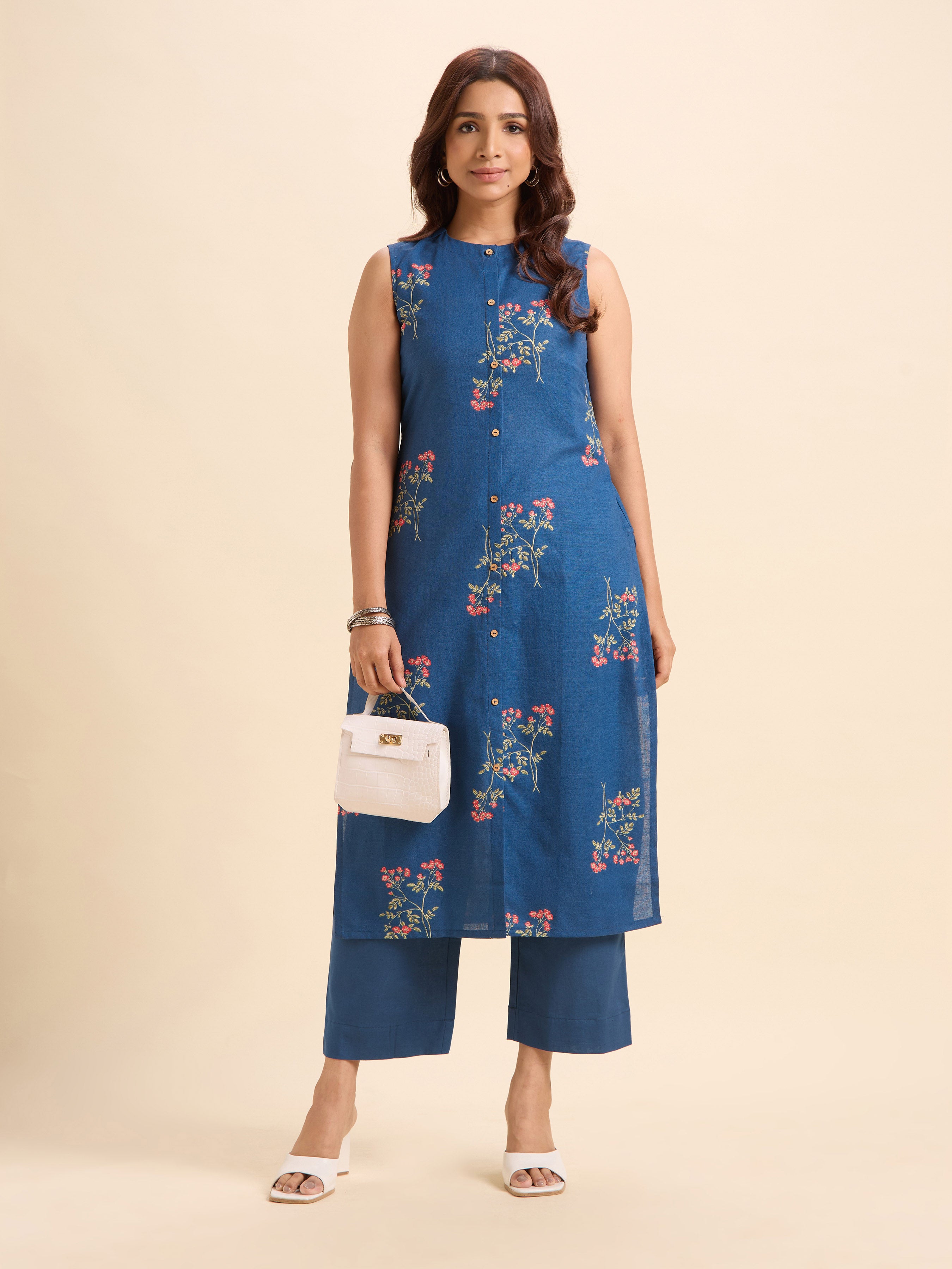 Blue Multi Colour Cotton Flax Slub Printed Slitted Kurti Set