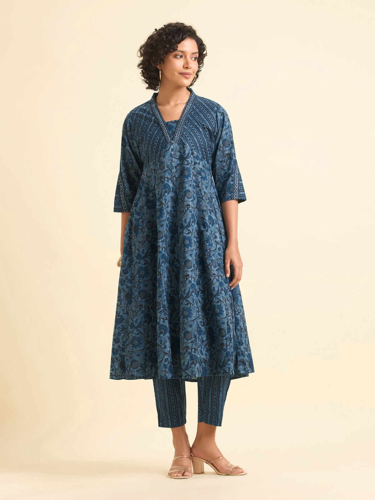 Blue Multi Colour Pure Cotton Flared Kali Cut Kurti Set With Sequins Embroidery