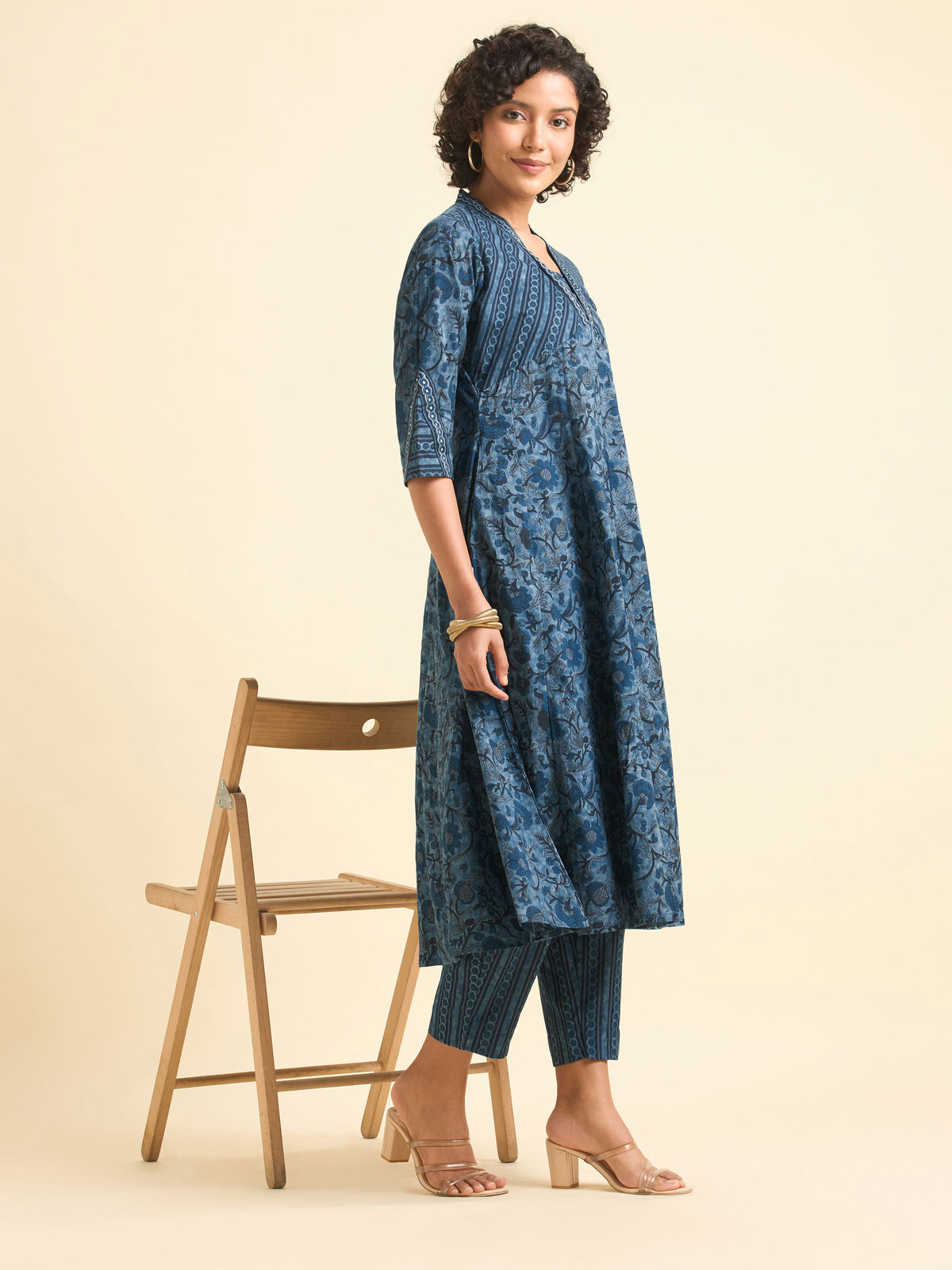 Blue Multi Colour Pure Cotton Flared Kali Cut Kurti Set With Sequins Embroidery