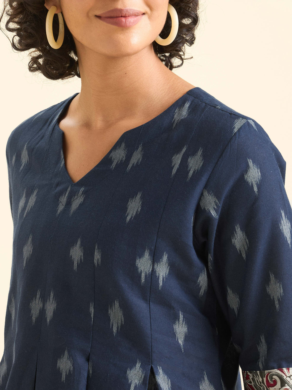 Blue Multi Colour Cotton Flax Printed Flared Kurti With Box Pleat
