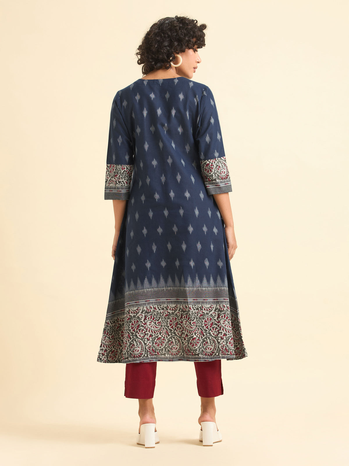 Blue Multi Colour Cotton Flax Printed Flared Kurti With Box Pleat