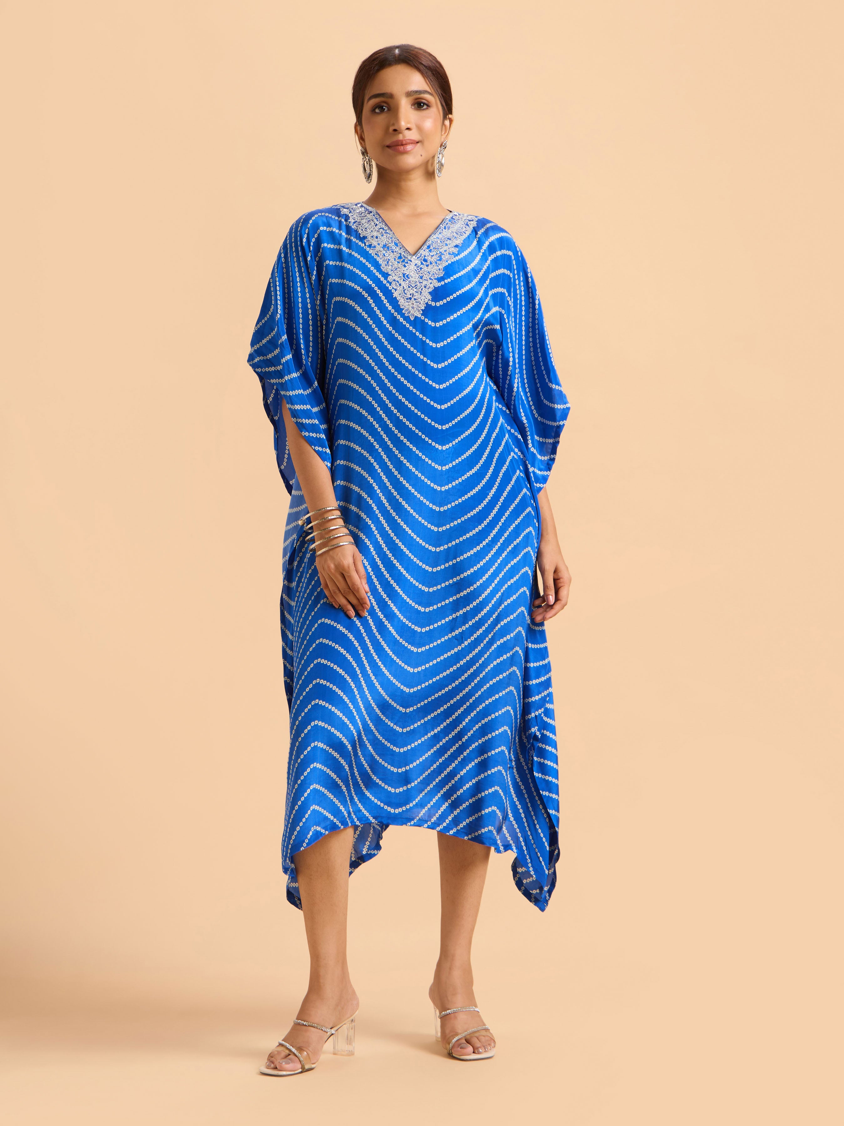 Blue & White Crepe Printed Kaftan With Embroidery And Sequin Work