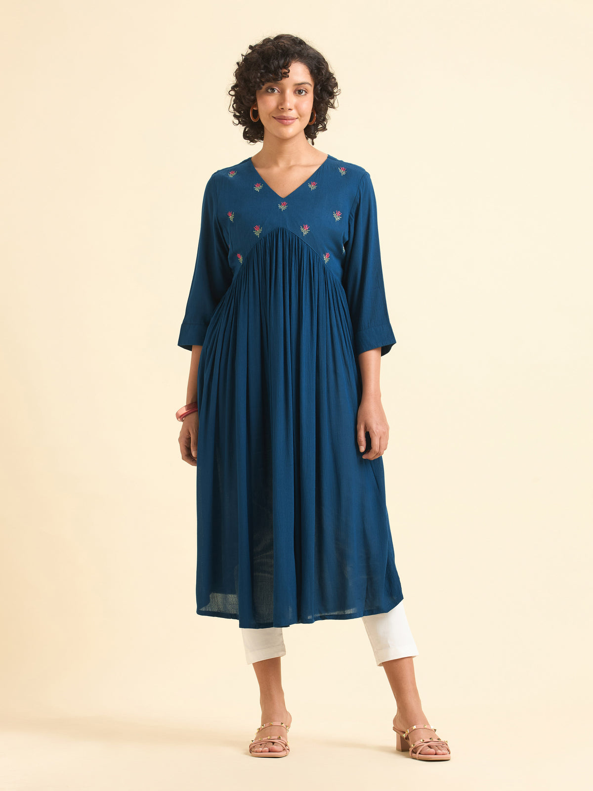 Blue Wrinkle Viscose Plain Flared Kurti
