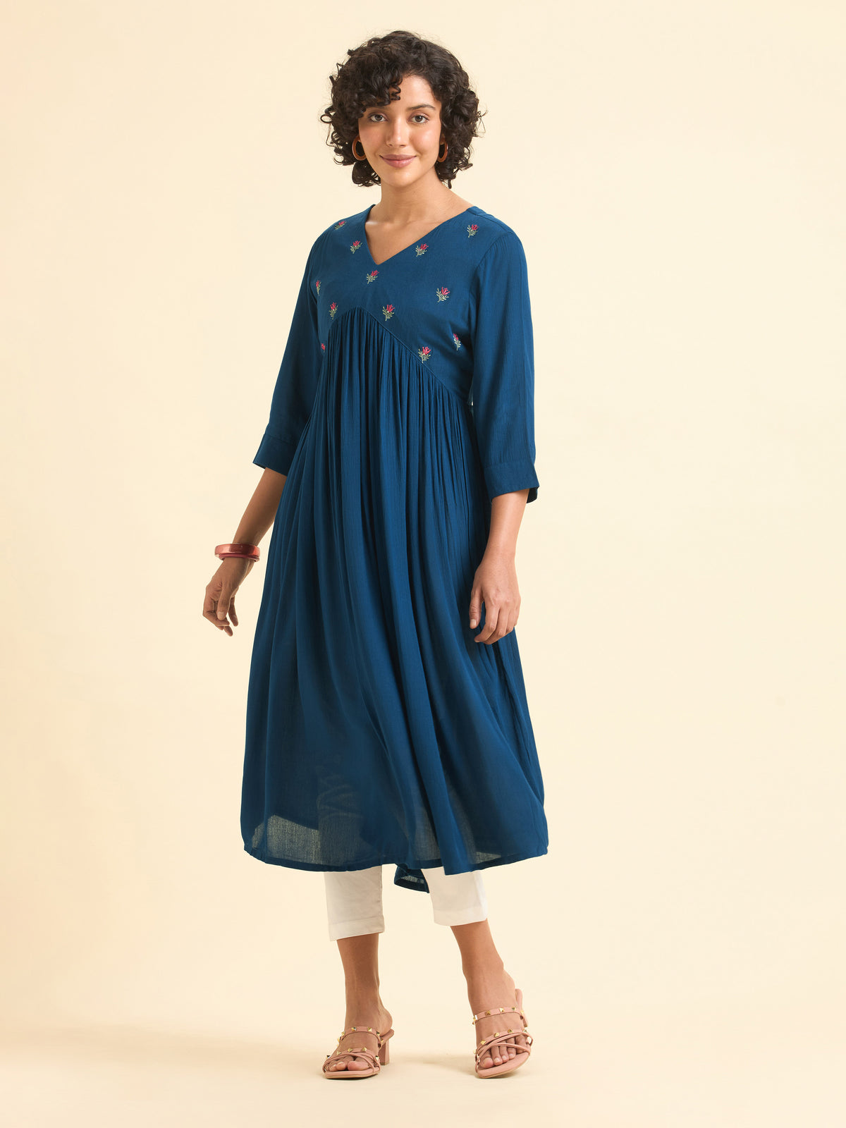 Blue Wrinkle Viscose Plain Flared Kurti