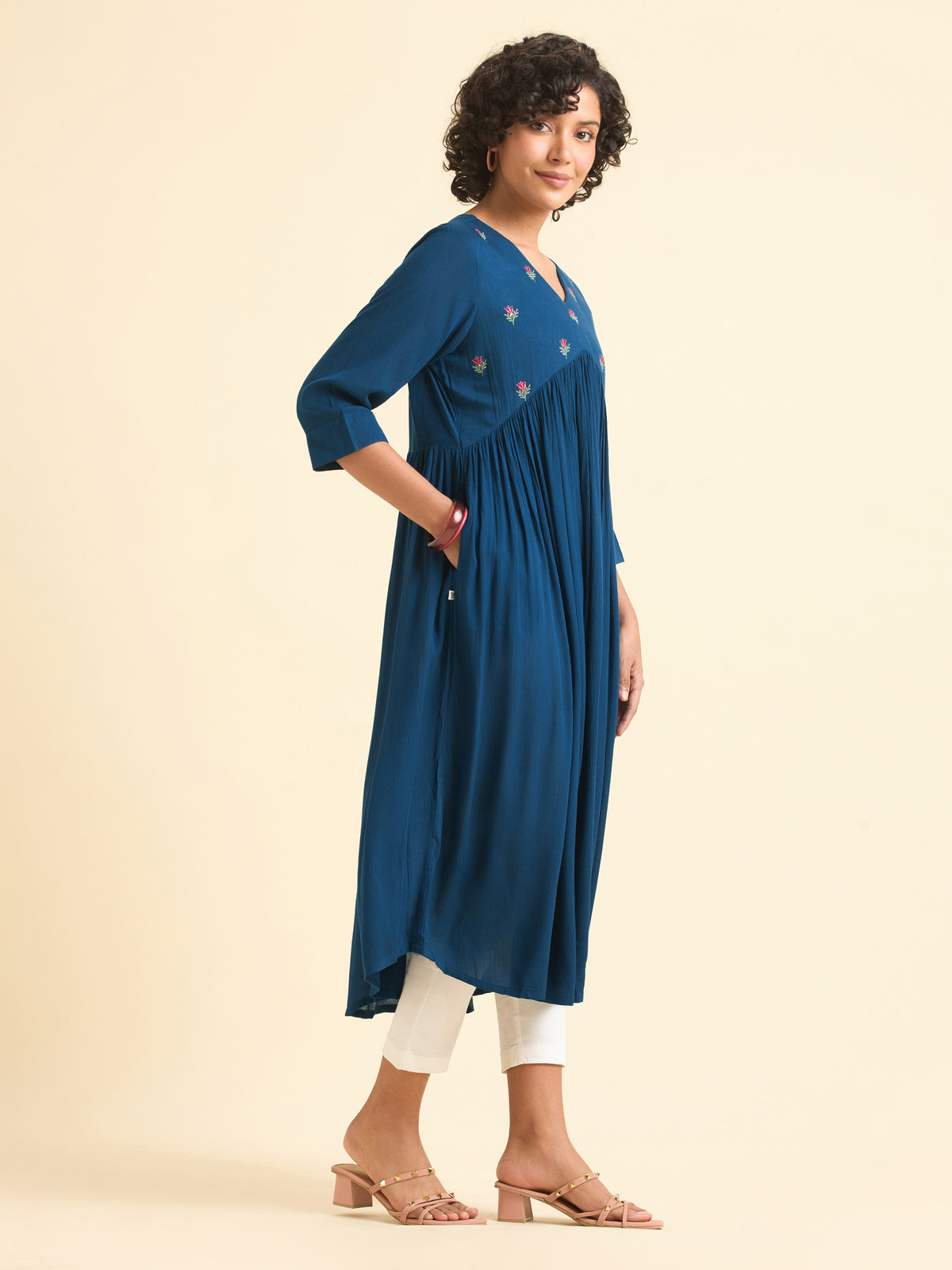 Blue Wrinkle Viscose Plain Flared Kurti