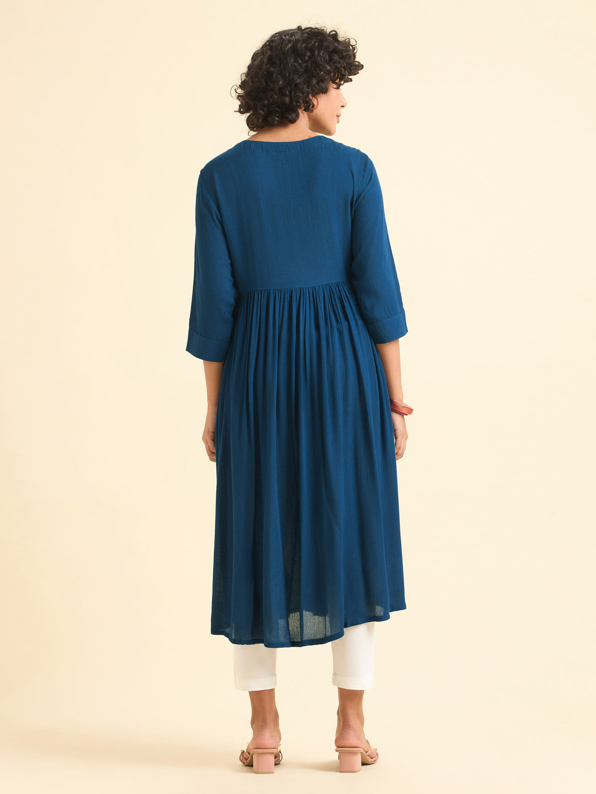 Blue Wrinkle Viscose Plain Flared Kurti