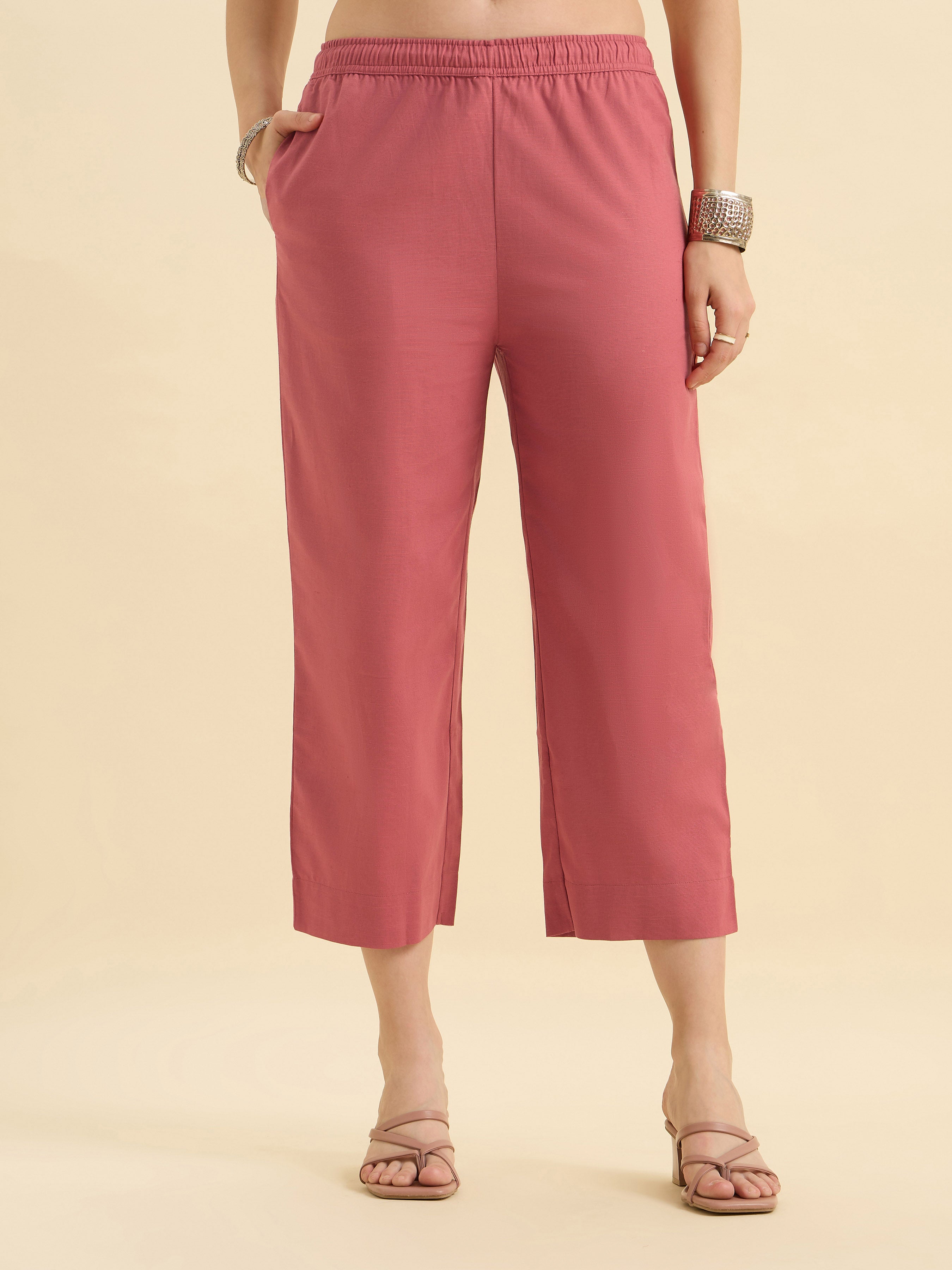 Blush Pink Cotton Flax Slub Placement Print Slited Sleeveless Kurti With Bottom And Embroidery