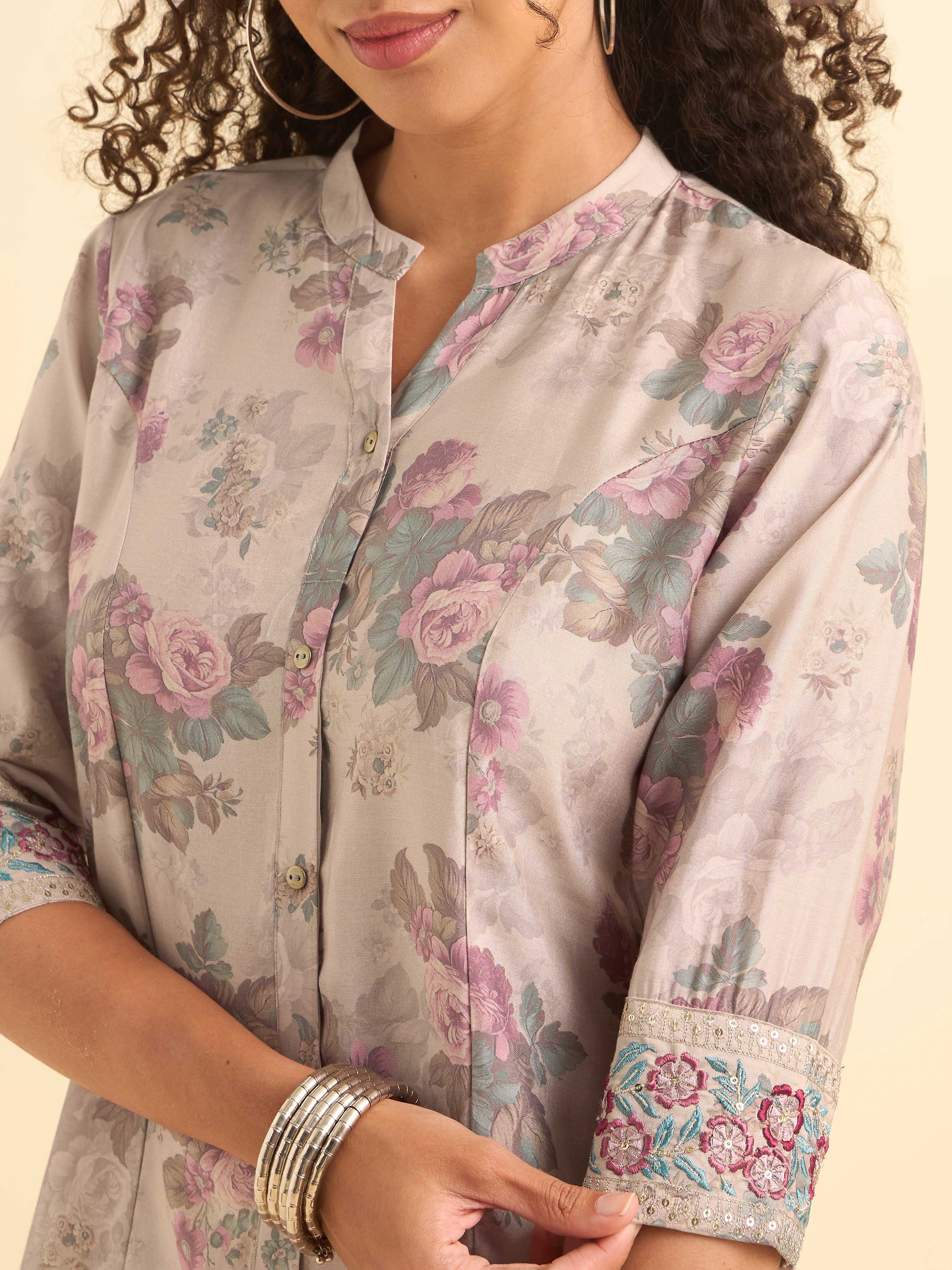 Blush Pink Multicolor Viscose Blend Printed Slit Princess-Cut Kurti With Embroidery And Sequin Work