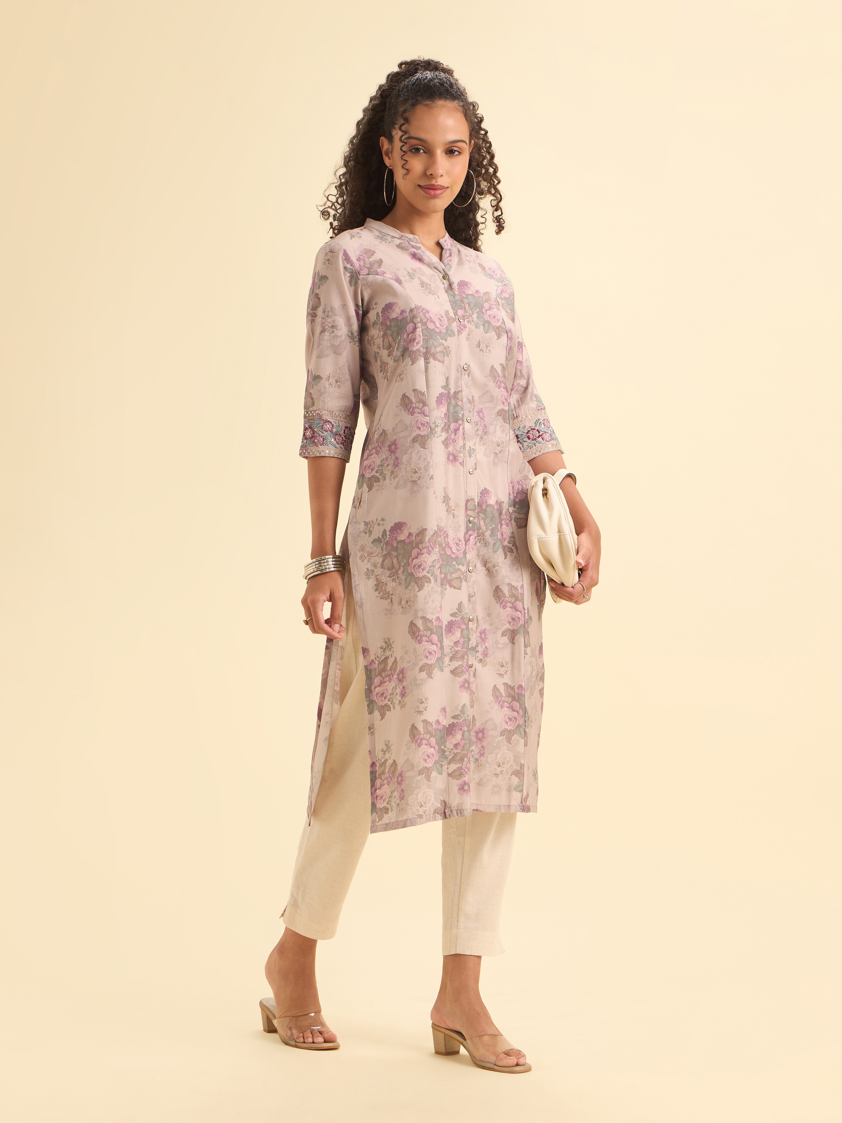 Blush Pink Multicolor Viscose Blend Printed Slit Princess-Cut Kurti With Embroidery And Sequin Work
