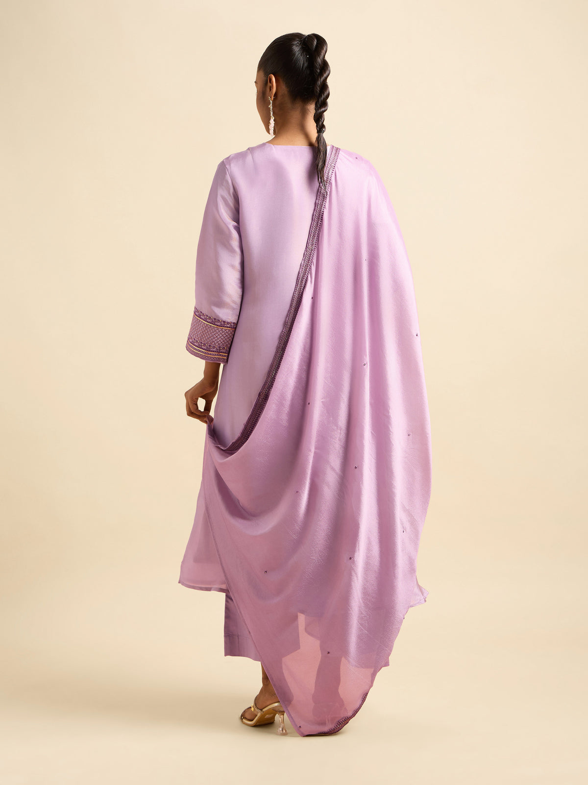 Lilac Viscose Shimmer Flared Kurti Set With Sequins Embroidery Work With Border Embroidery Dupatta