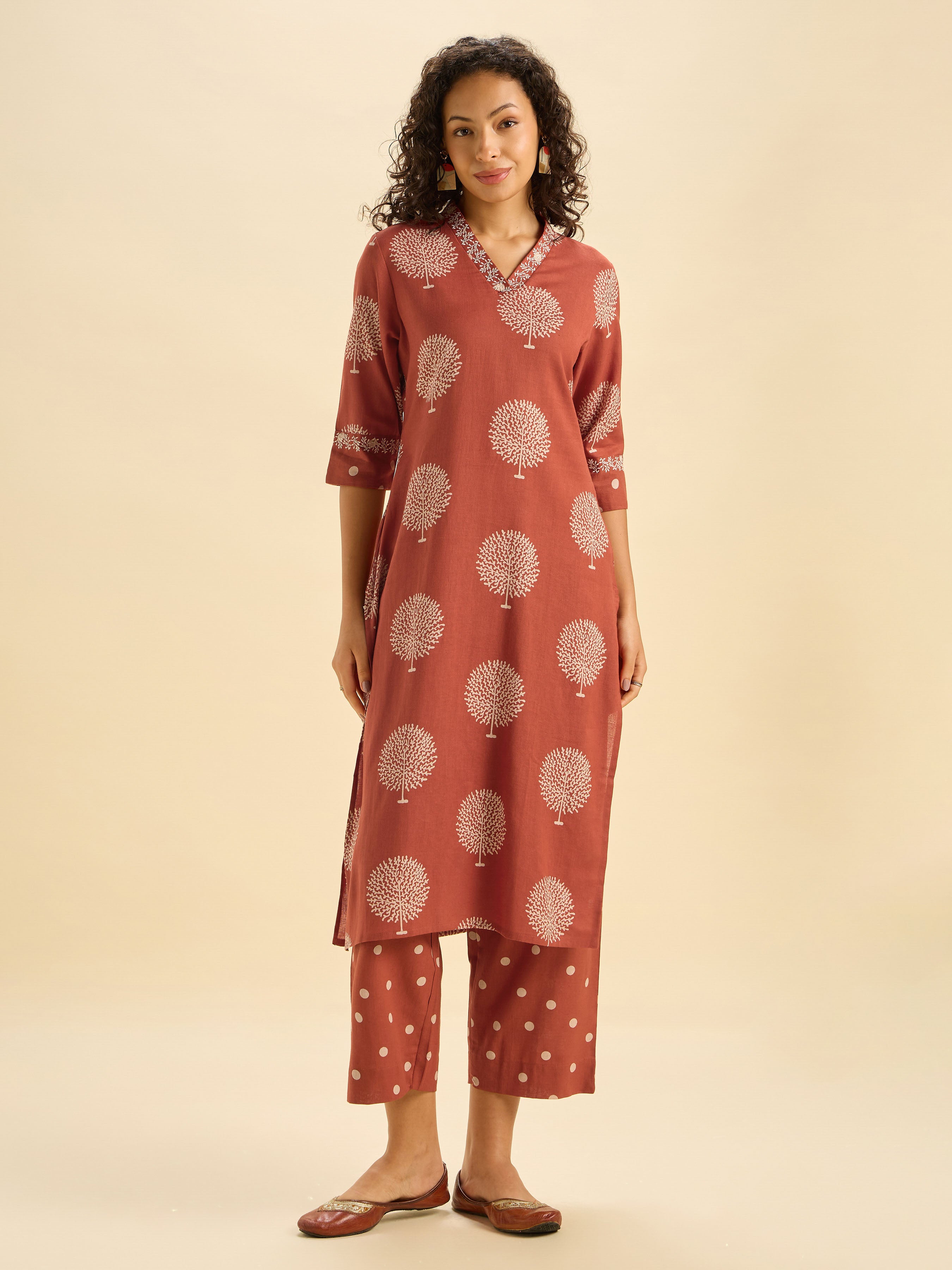 Brick Red Cotton Flax Printed Kurti Set With Embroidery