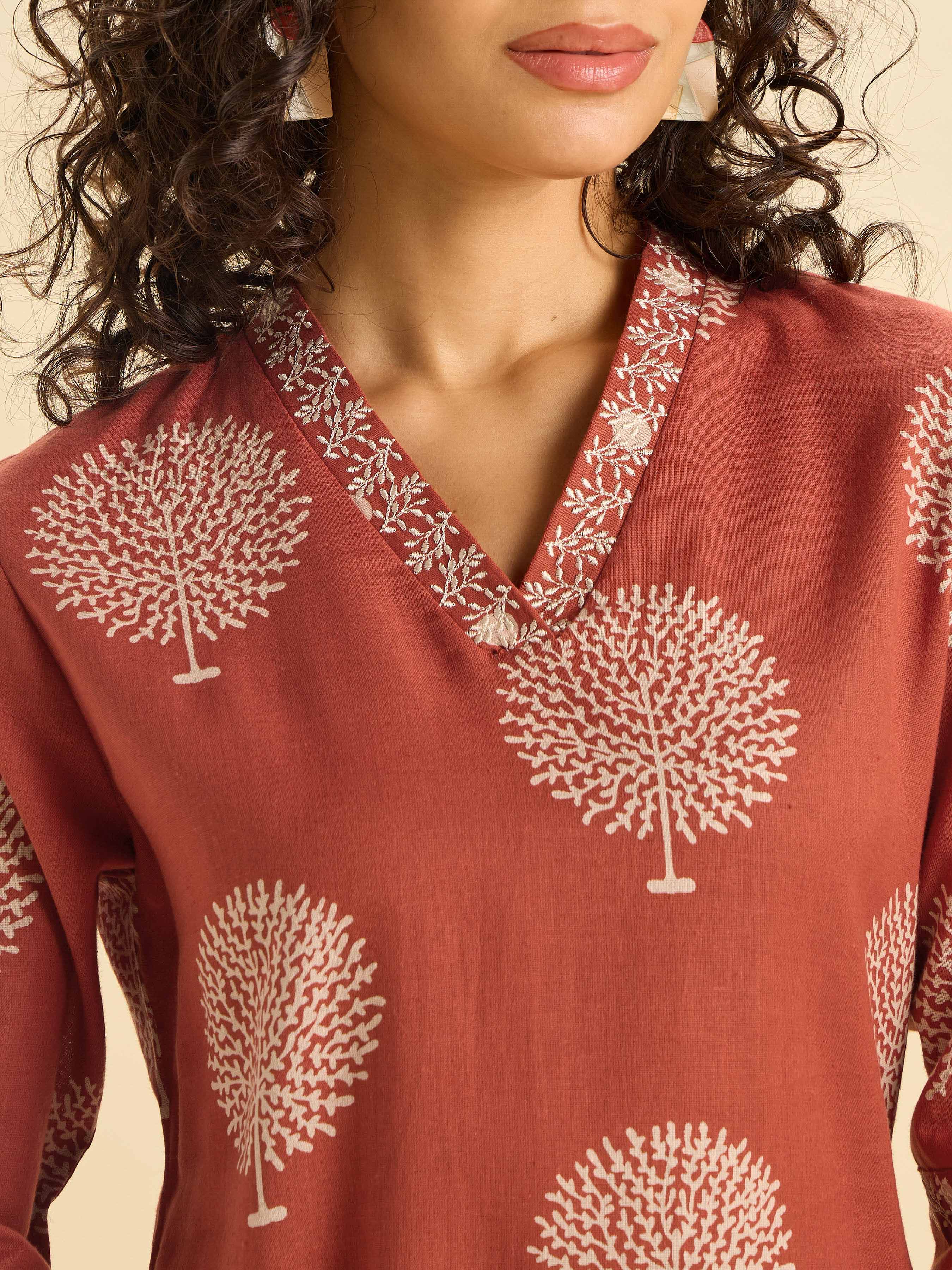 Brick Red Cotton Flax Printed Kurti Set With Embroidery