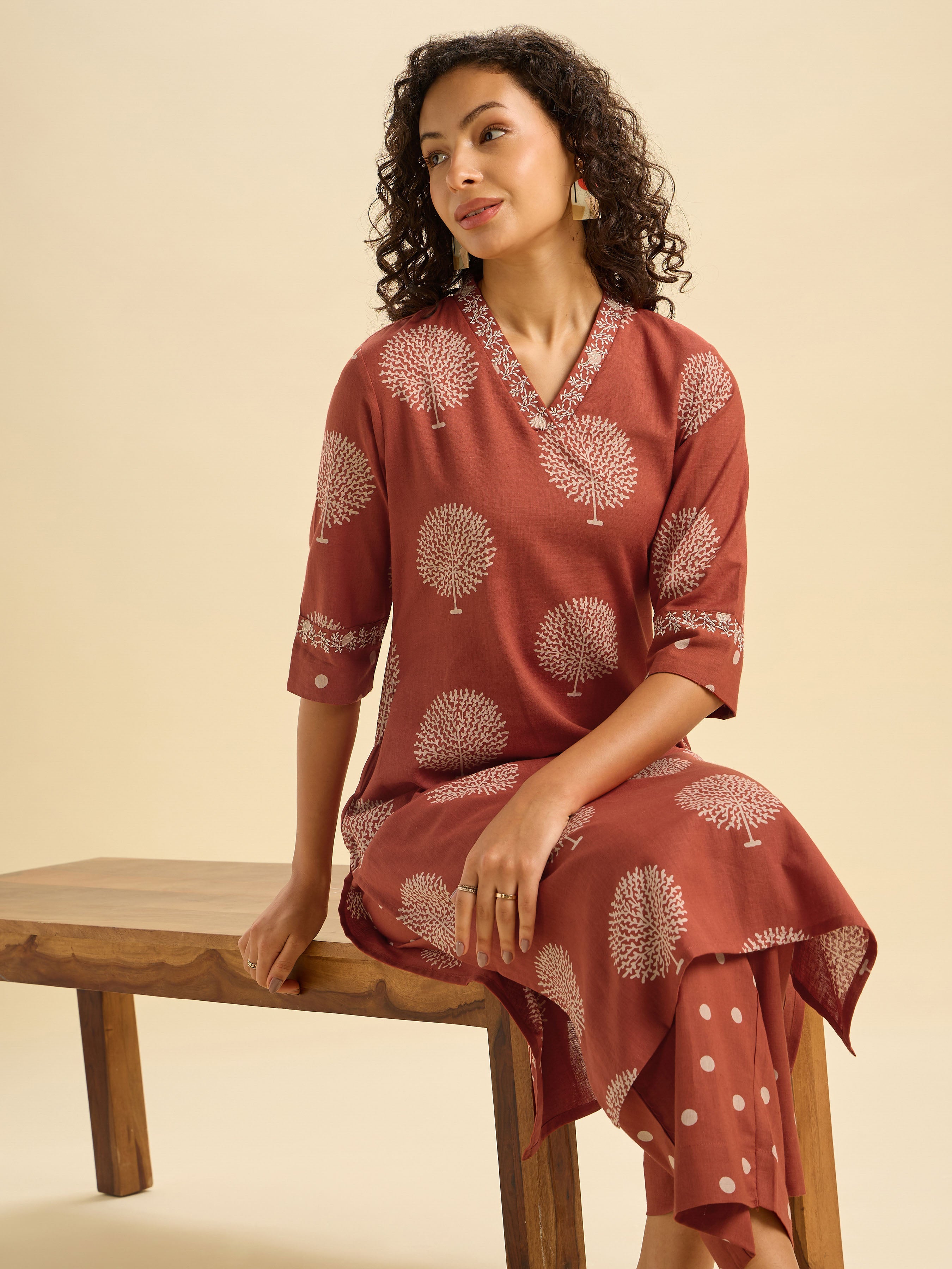 Brick Red Cotton Flax Printed Kurti Set With Embroidery