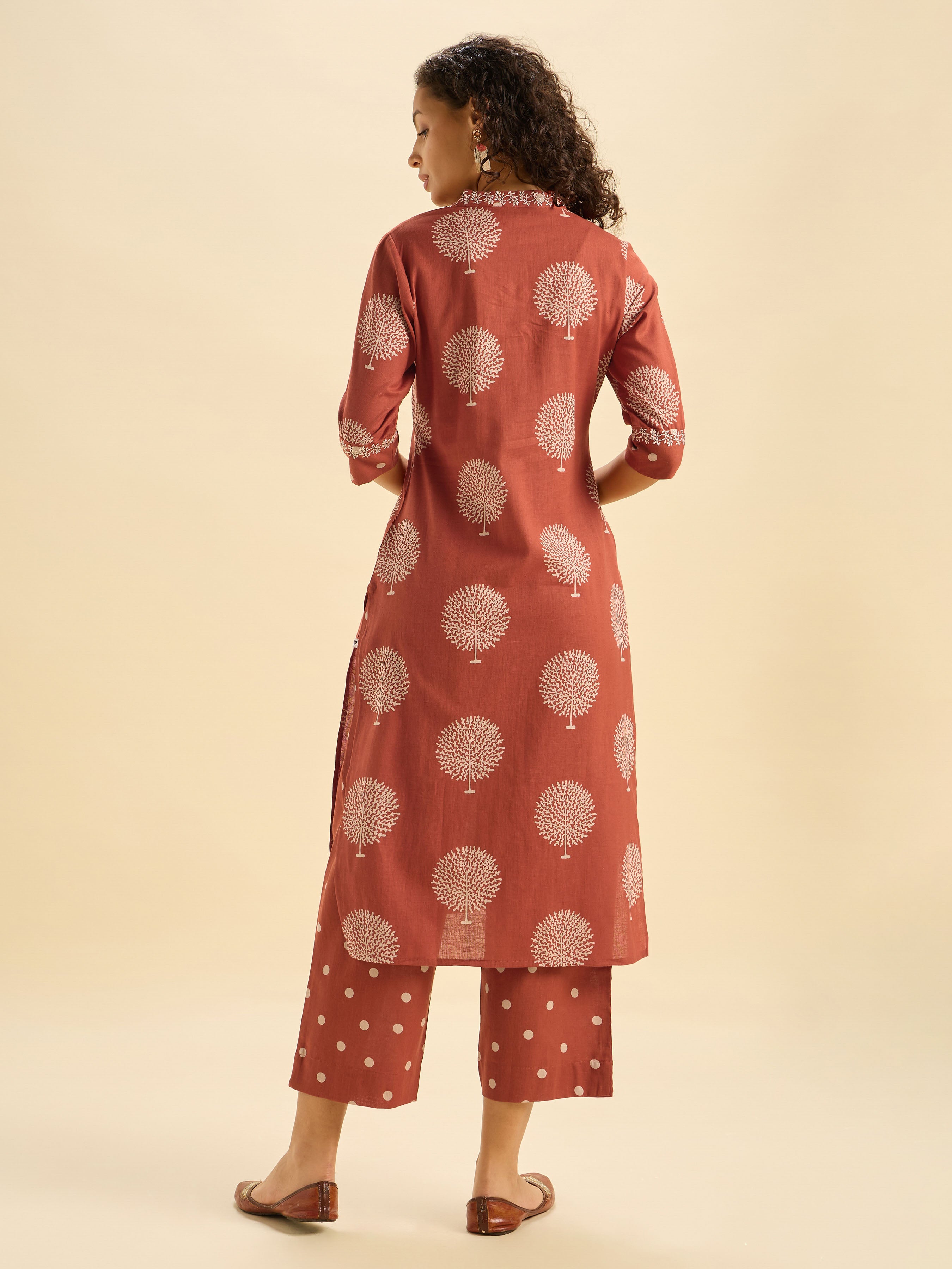 Brick Red Cotton Flax Printed Kurti Set With Embroidery