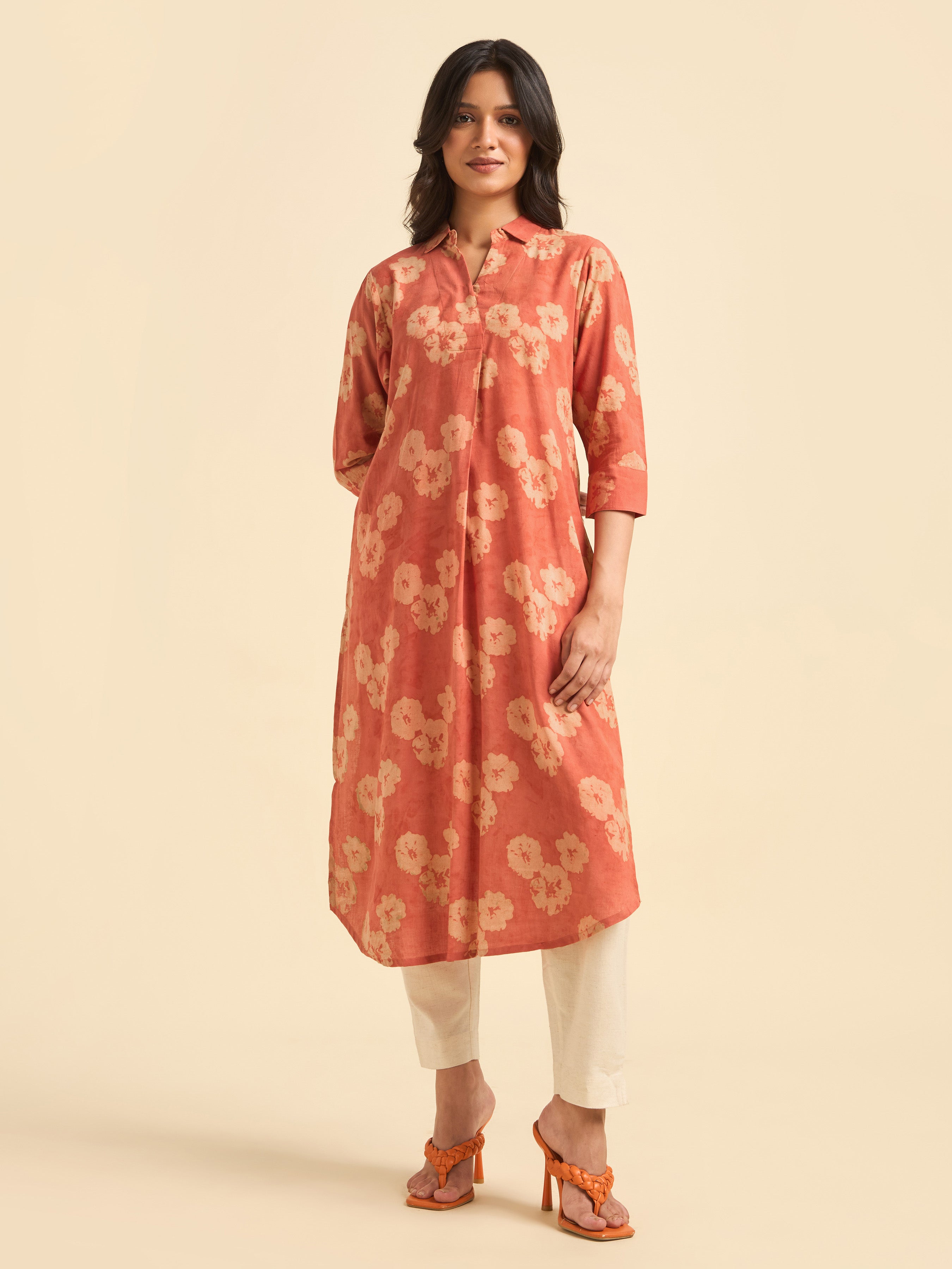 Brick Red Cotton Printed Slitted Kurti With Knife Pleat