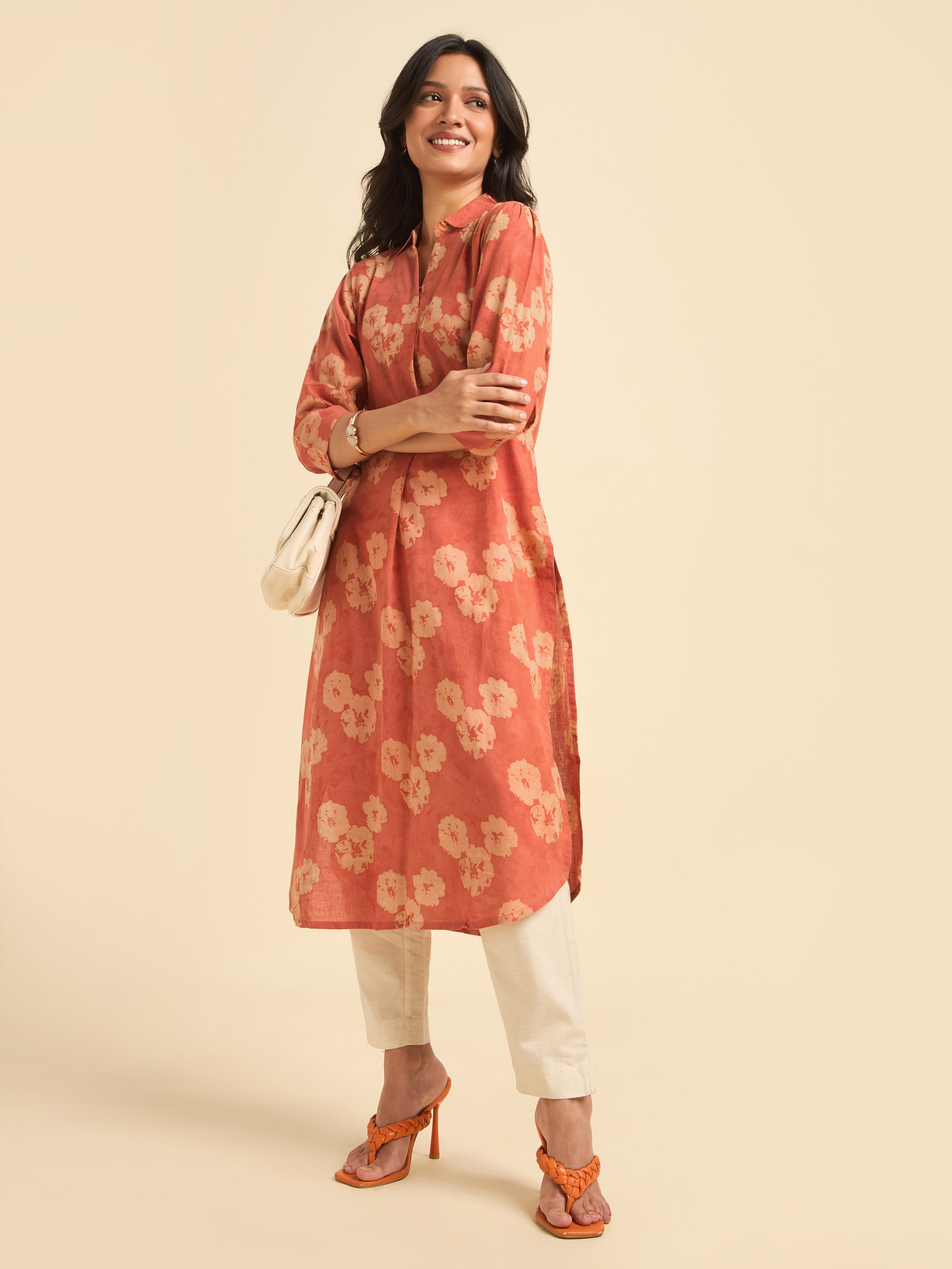 Brick Red Cotton Printed Slitted Kurti With Knife Pleat