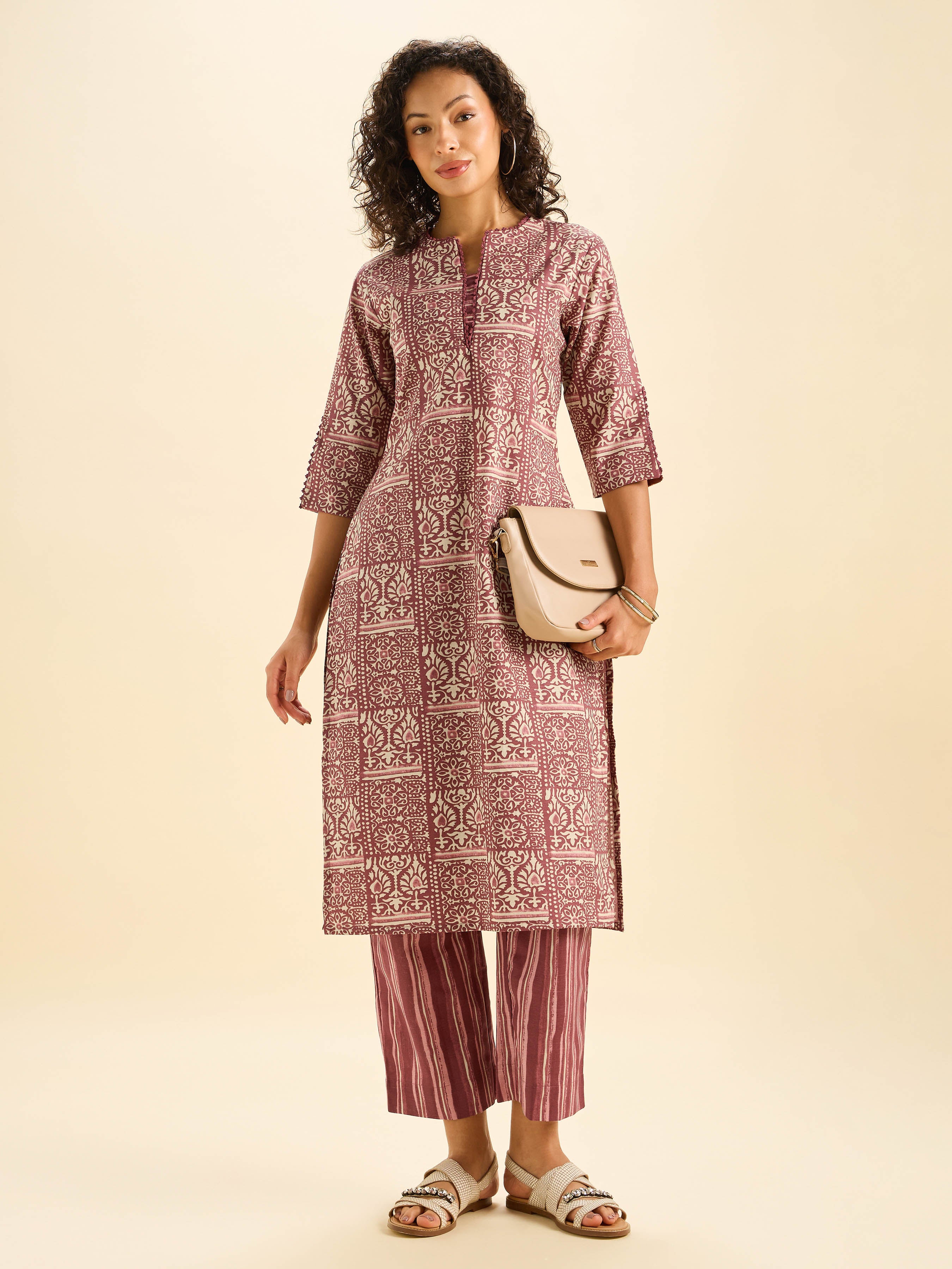 Brick Red Ivory Cotton Flax Slub Printed Kurti Set With Lace