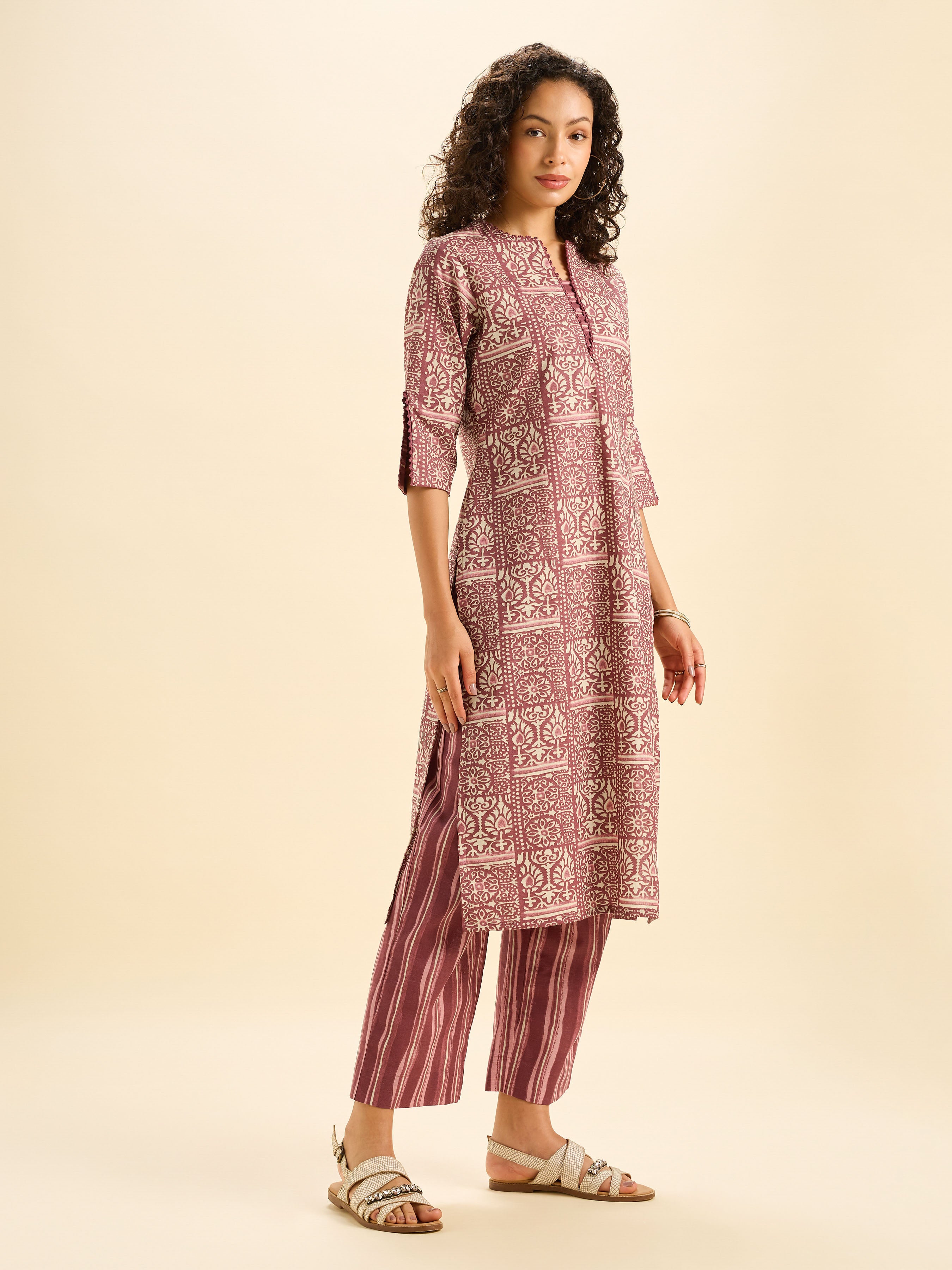 Brick Red Ivory Cotton Flax Slub Printed Kurti Set With Lace