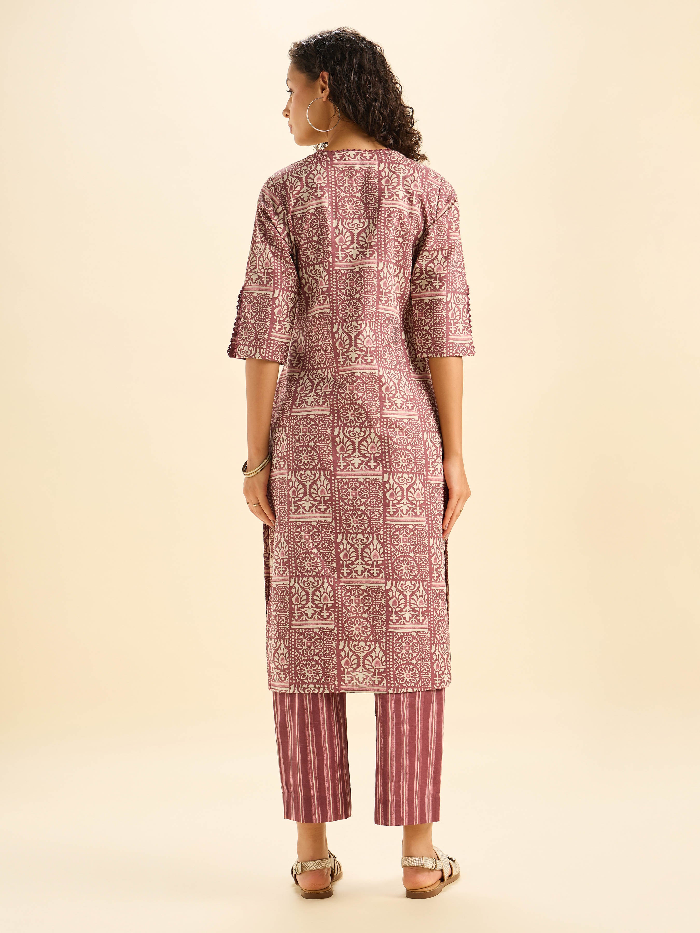 Brick Red Ivory Cotton Flax Slub Printed Kurti Set With Lace