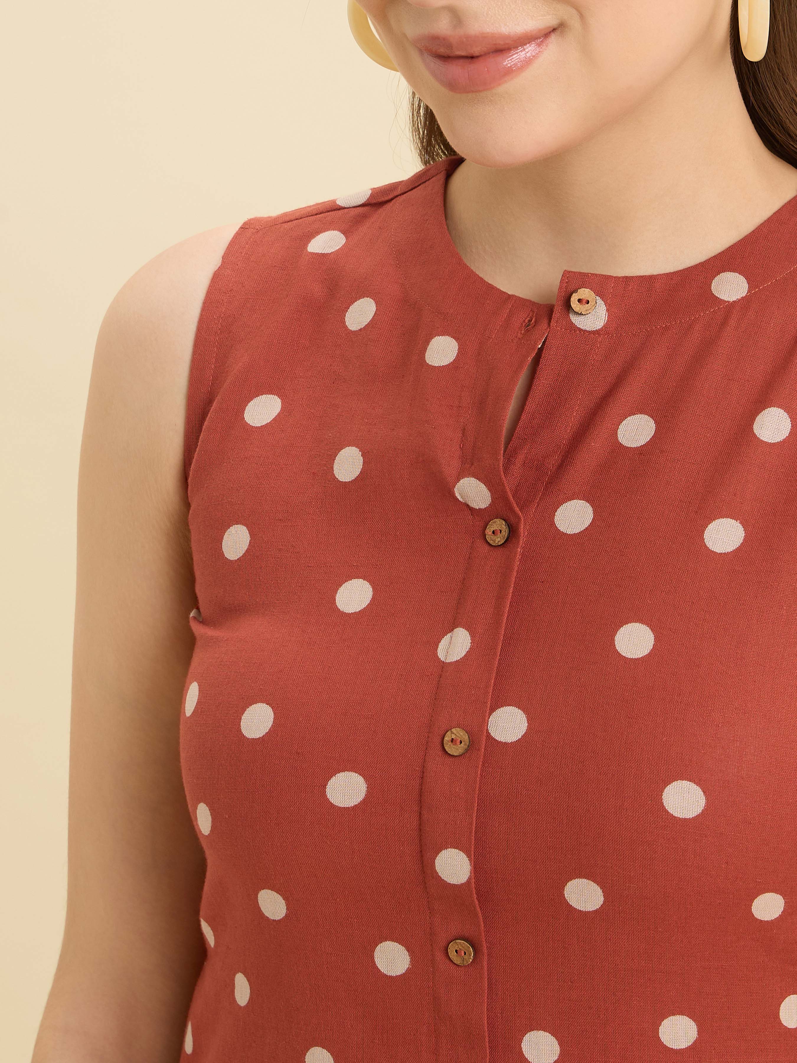 Brick Red Ivory Cotton Flax Printed Flared Sleeveless Kurti Set With Centre Cut