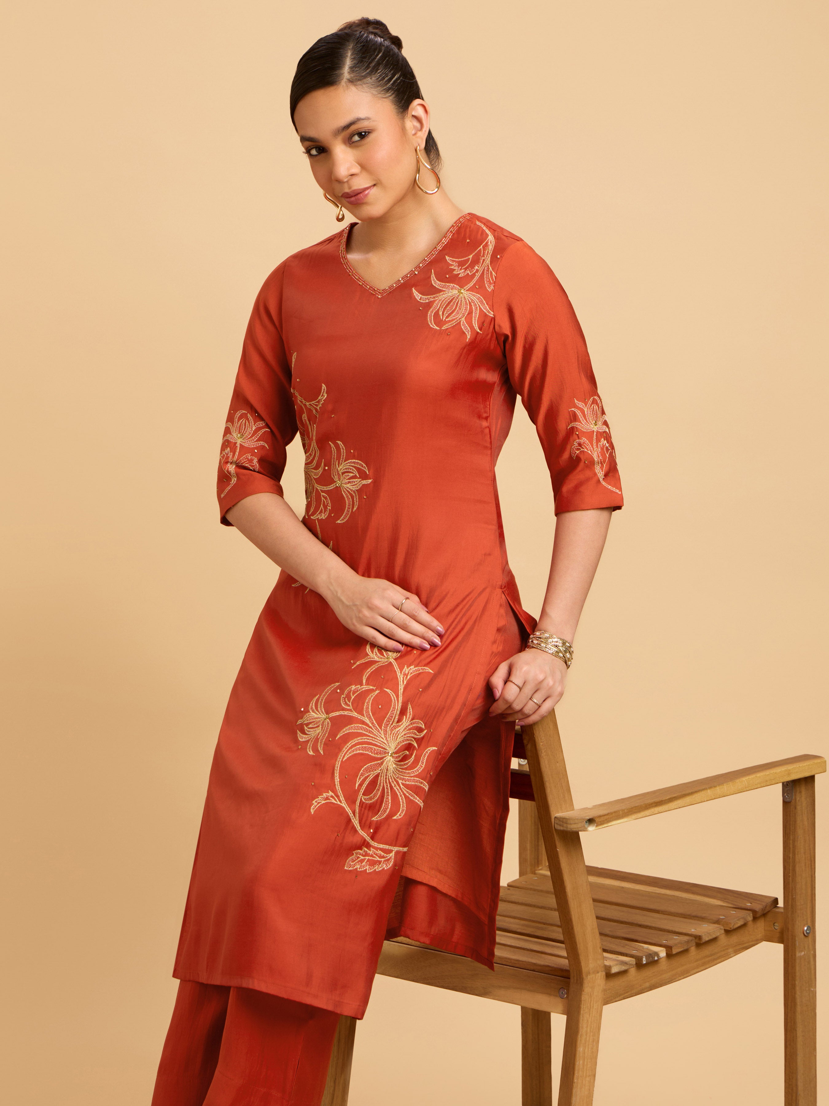 Brick Red Poly Viscose Plain Slited Kurti Set With Embroidery And Sequins Work
