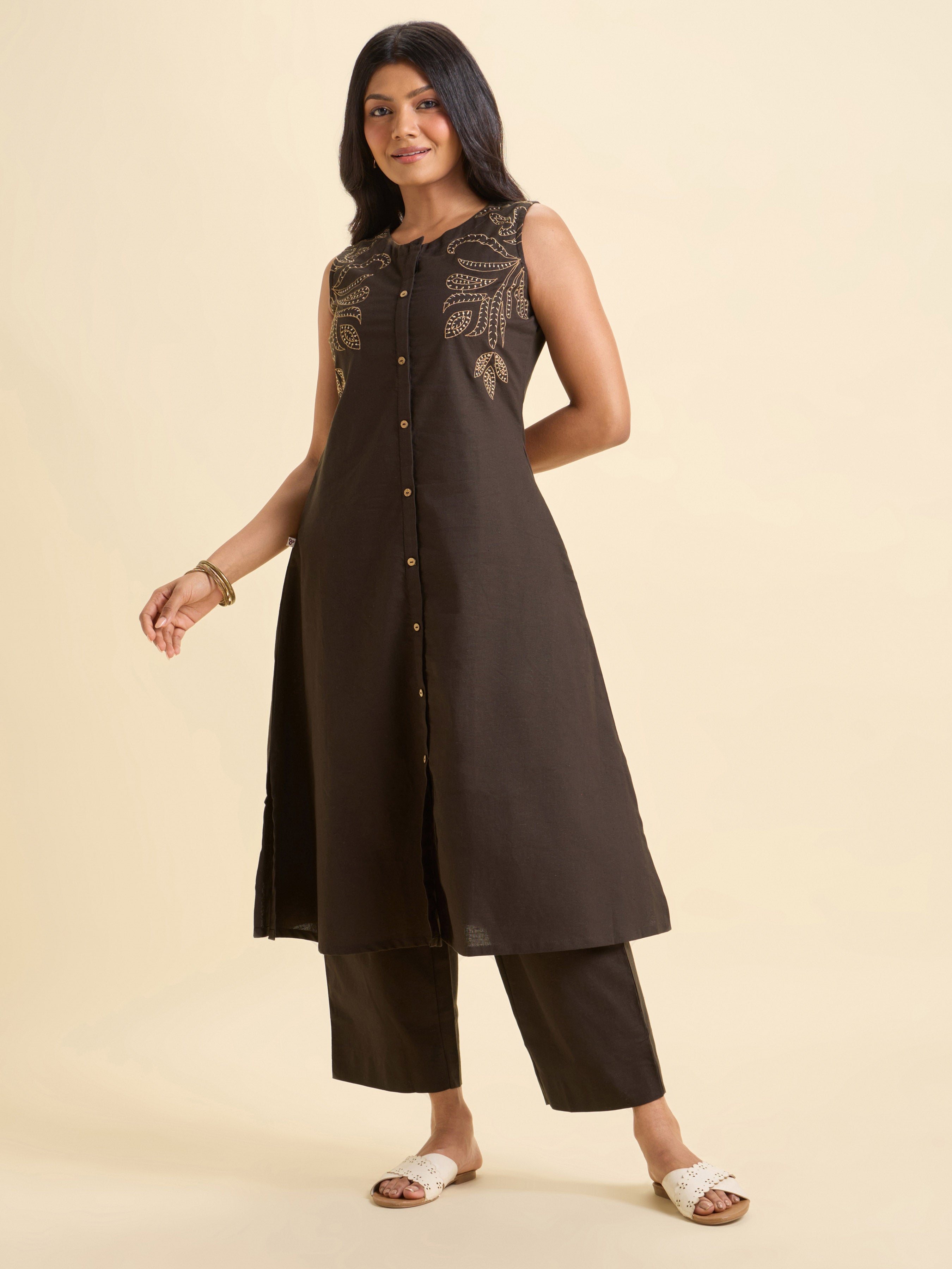 Brown Cotton Flax Plain Kurti Set With Embroidery