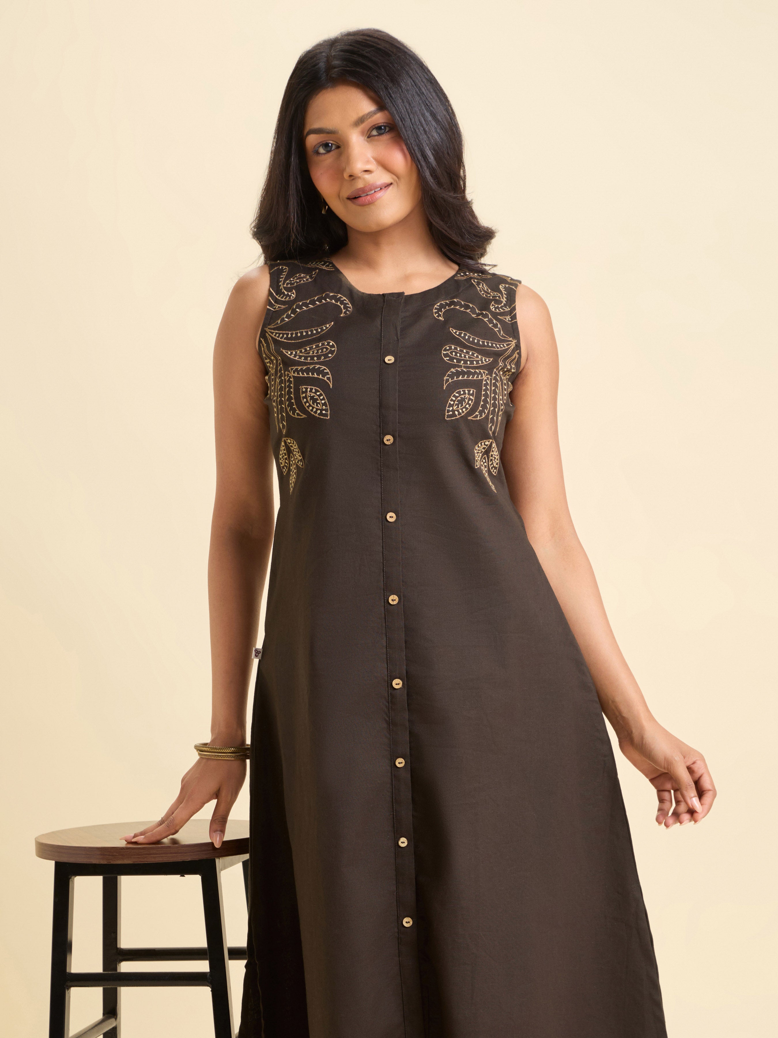 Brown Cotton Flax Plain Kurti Set With Embroidery
