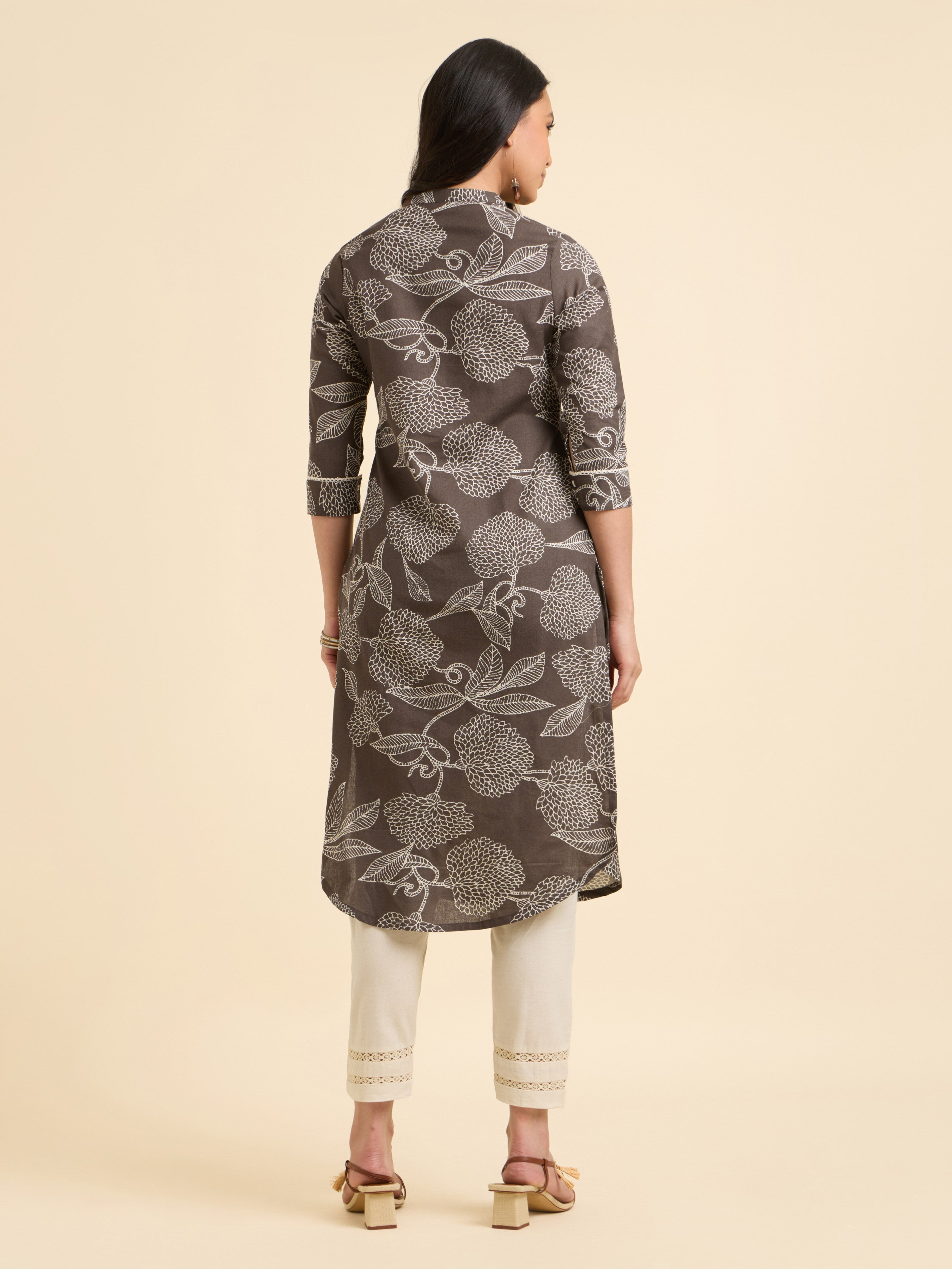Brown & Ivory Cotton Flax Printed Kurti With Knife Pleats, Curved Hem And Lace Detailing