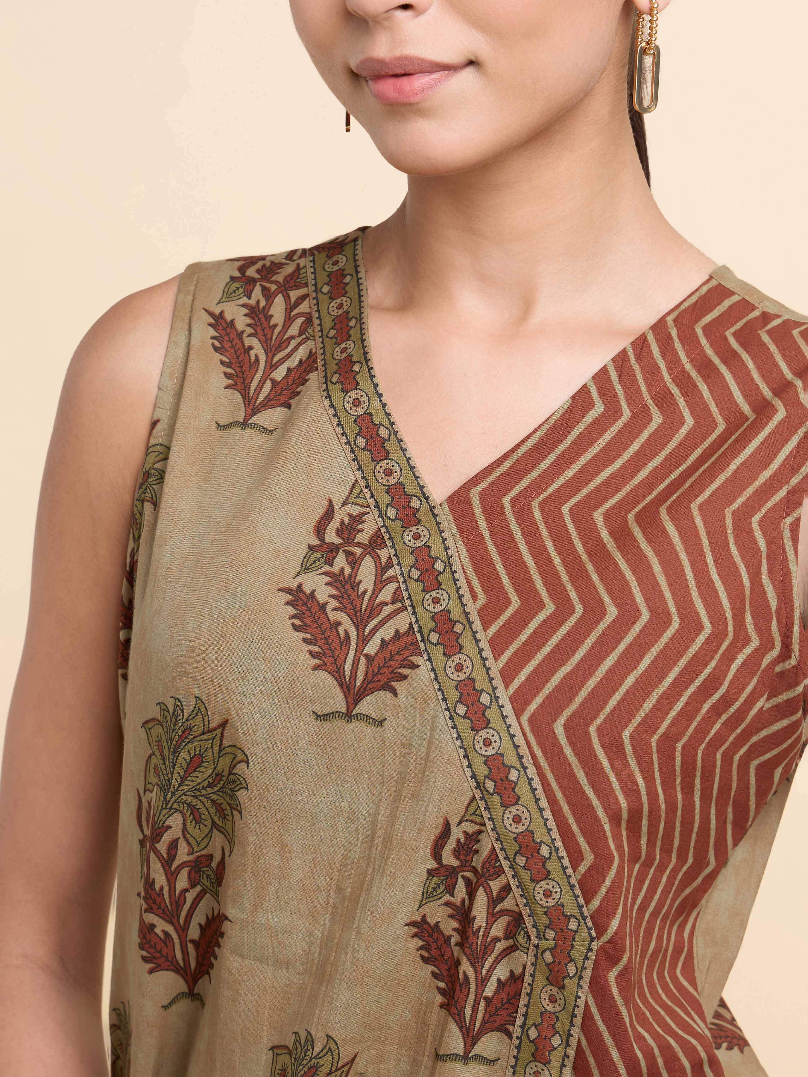 Brown Multi Colour Pure Cotton Printed Flared Angrakha Kurti Set