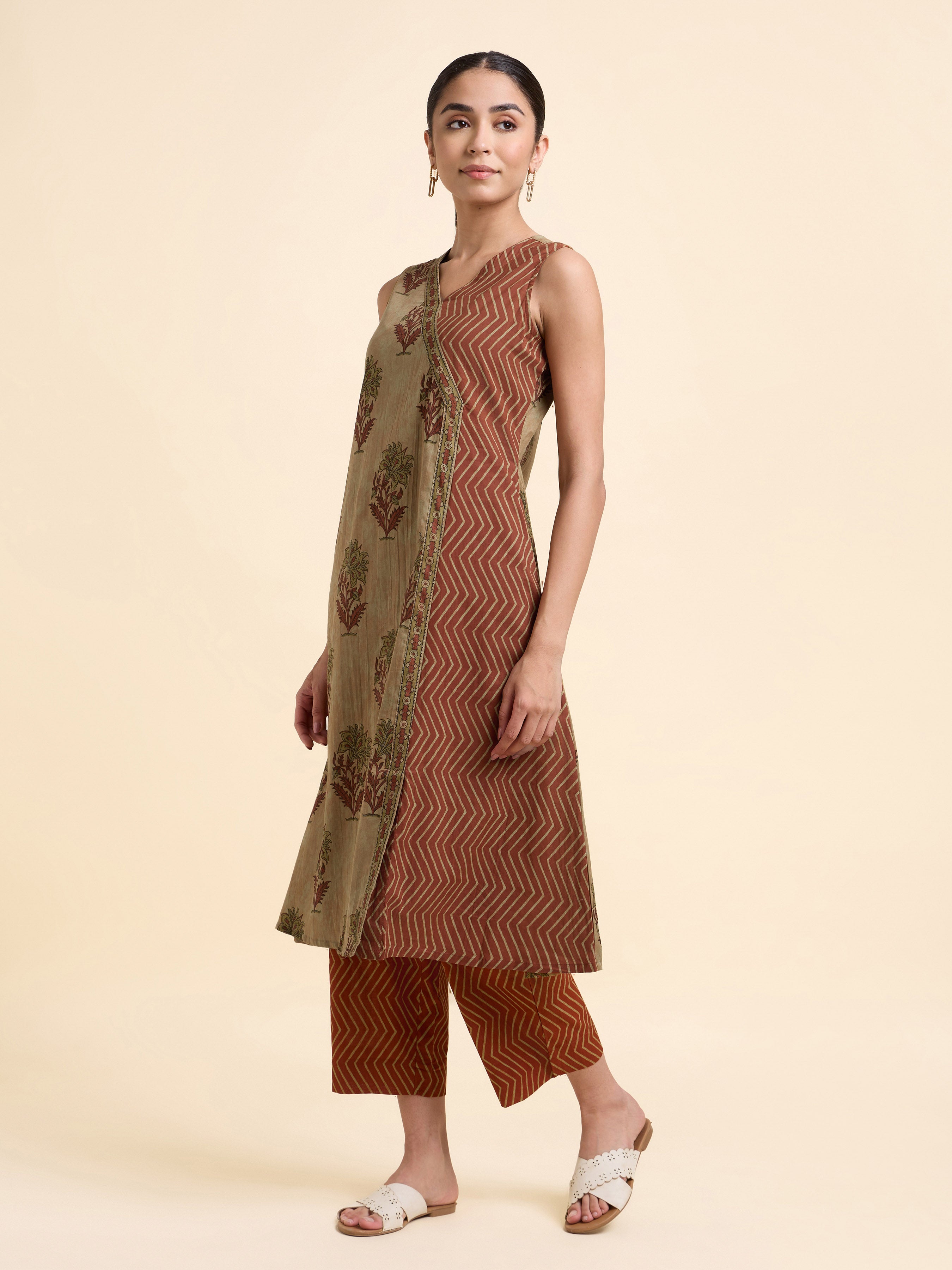 Brown Multi Colour Pure Cotton Printed Flared Angrakha Kurti Set