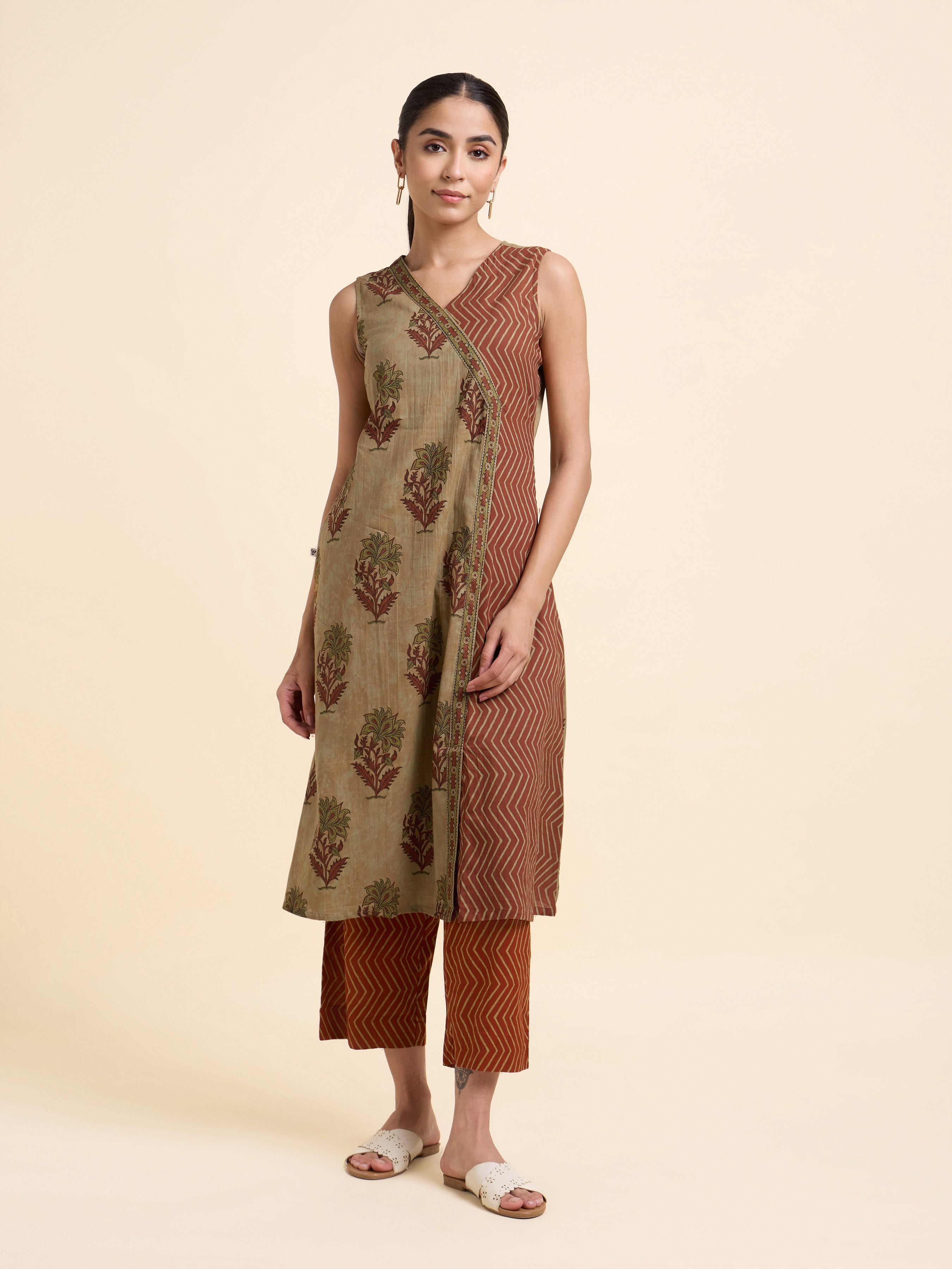 Brown Multi Colour Pure Cotton Printed Flared Angrakha Kurti Set