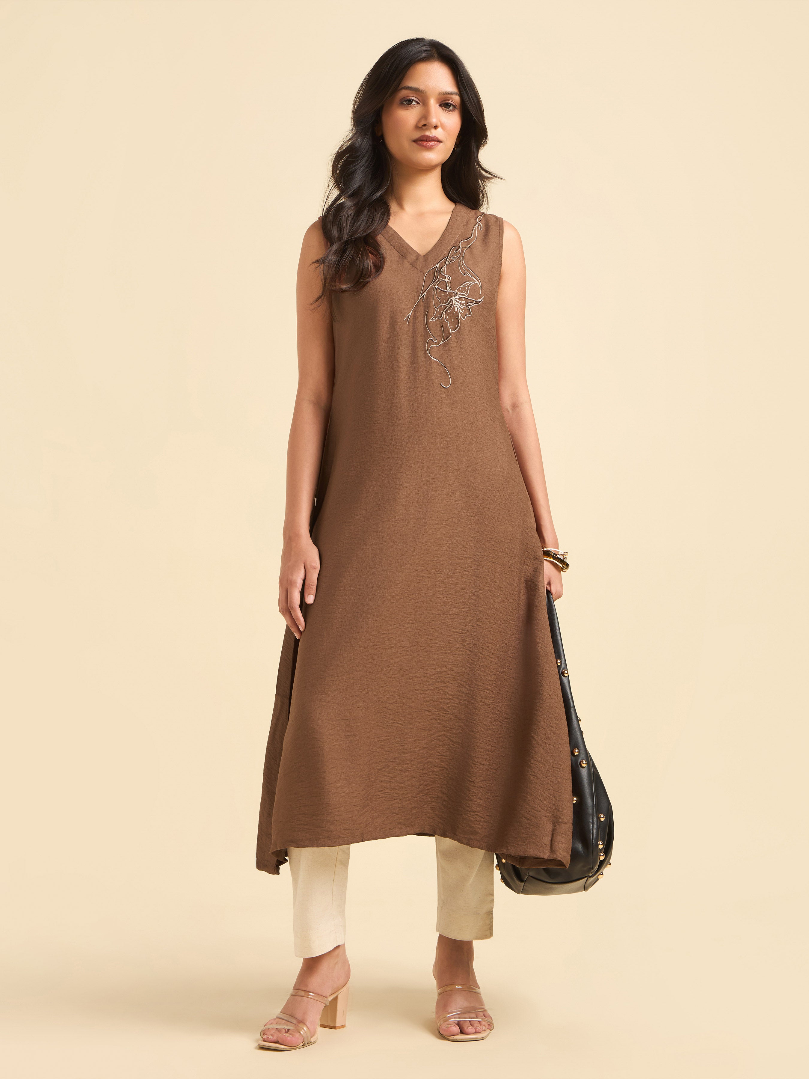 Brown Poly Viscose Plain Flared Kurti With Embroidery