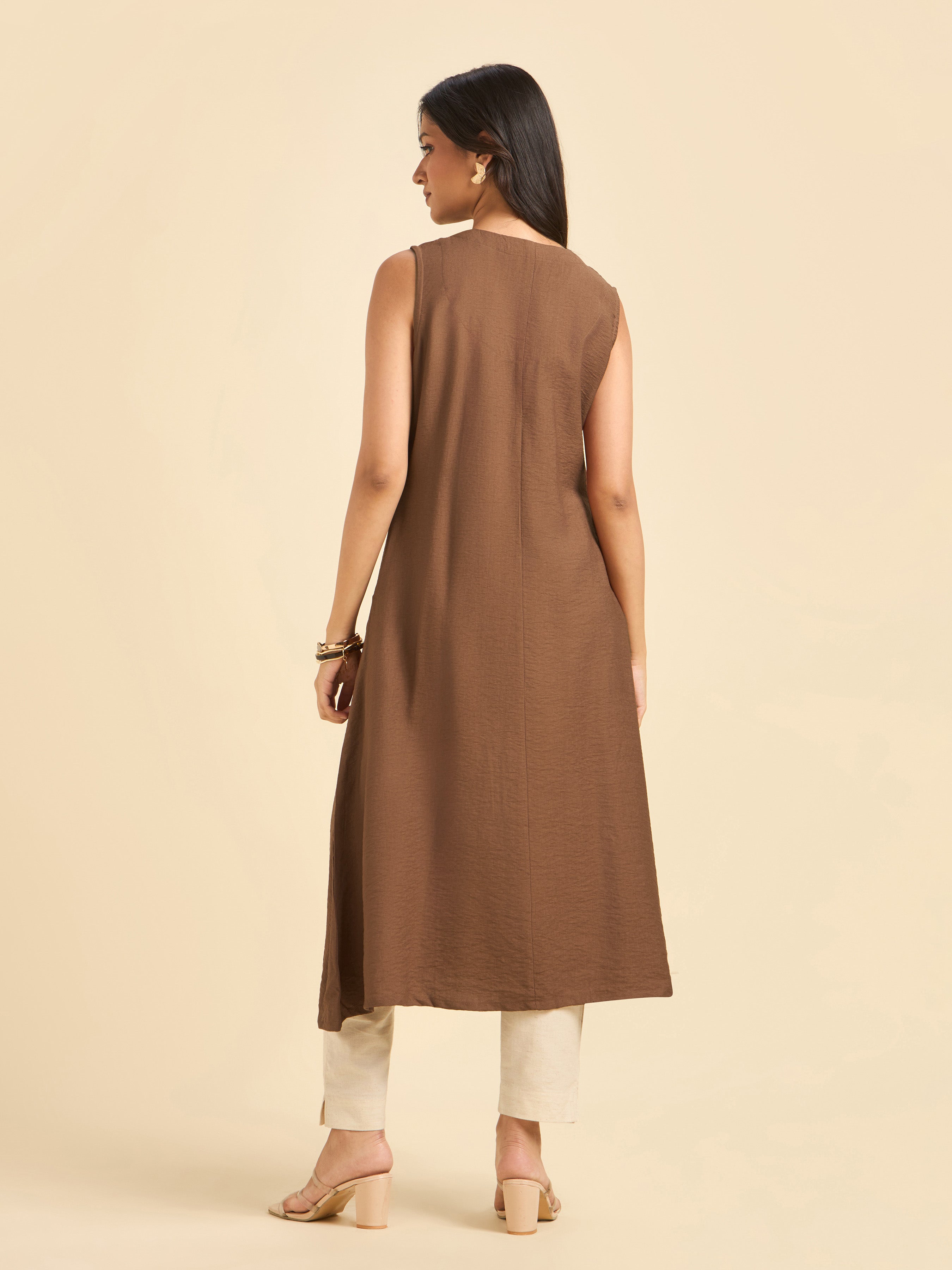 Brown Poly Viscose Plain Flared Kurti With Embroidery